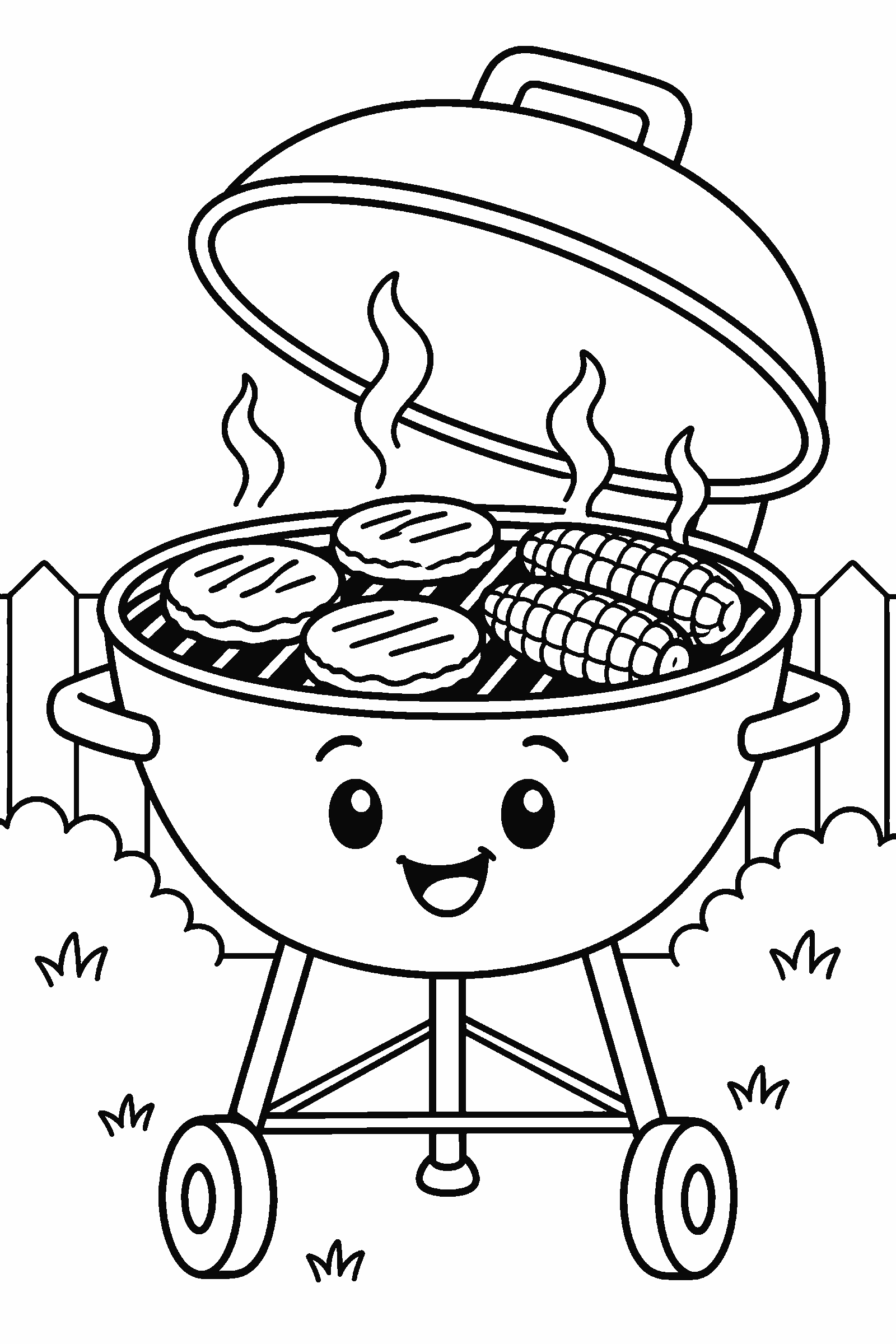 Coloring page of a grill with burgers and corn