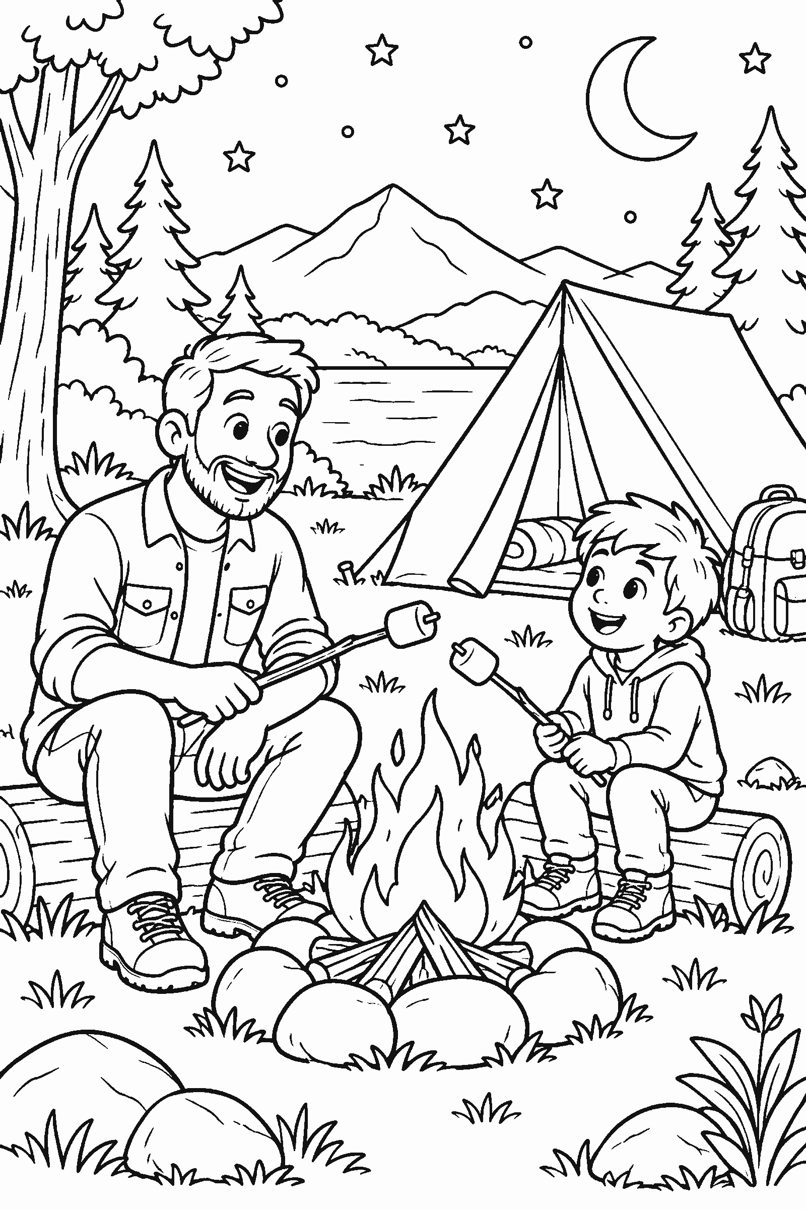 Coloring page of a father and child camping by a tent