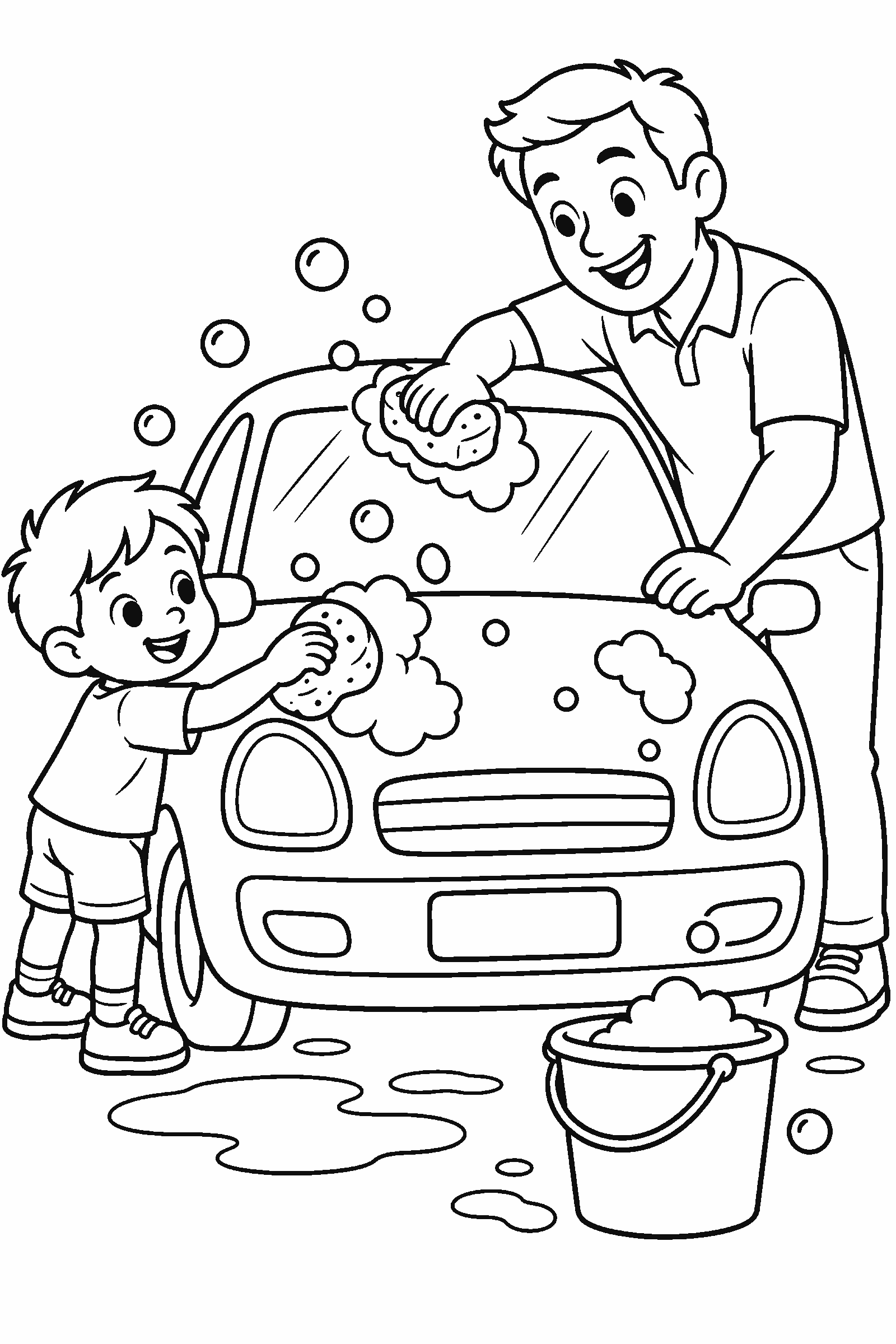 Coloring page of a father and child washing a car