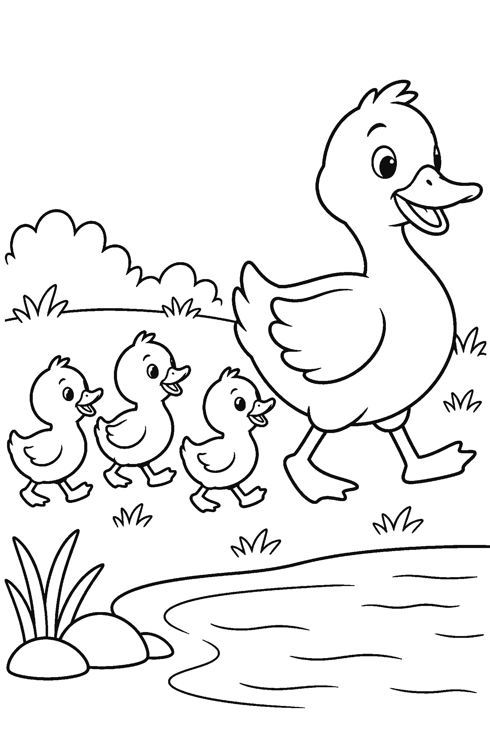 Coloring page of a father duck and ducklings