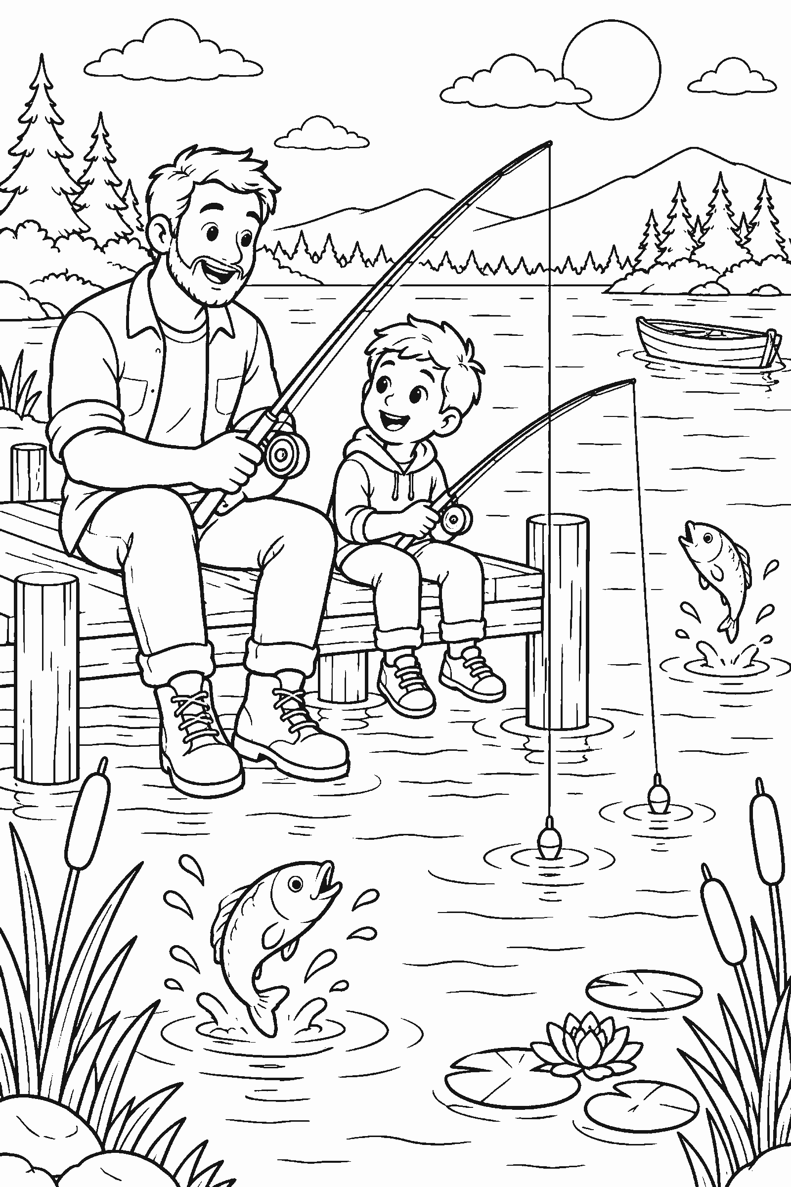 Coloring page of a father and child fishing on a lake