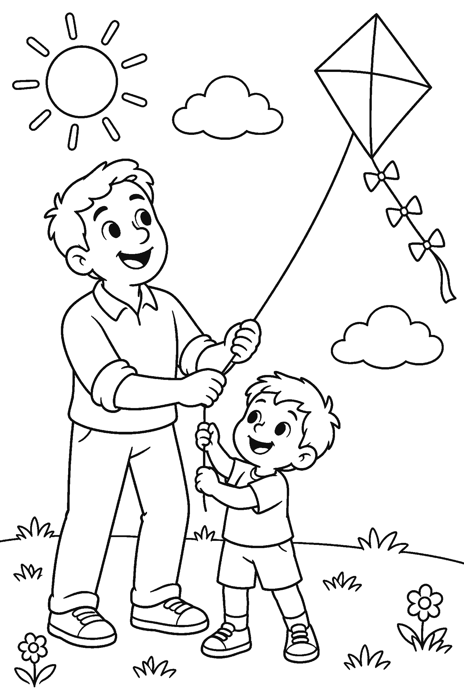 Coloring page of a father and child flying a kite
