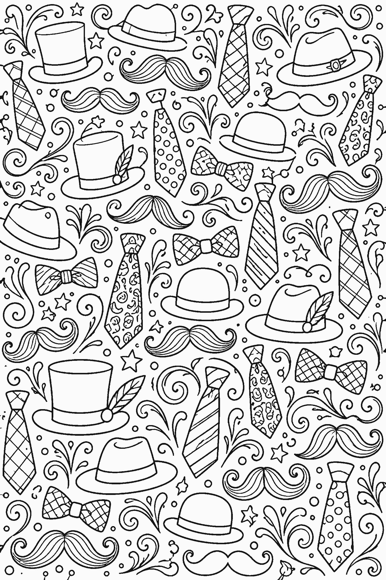 Coloring page of a full-page pattern of mustaches, ties and hats