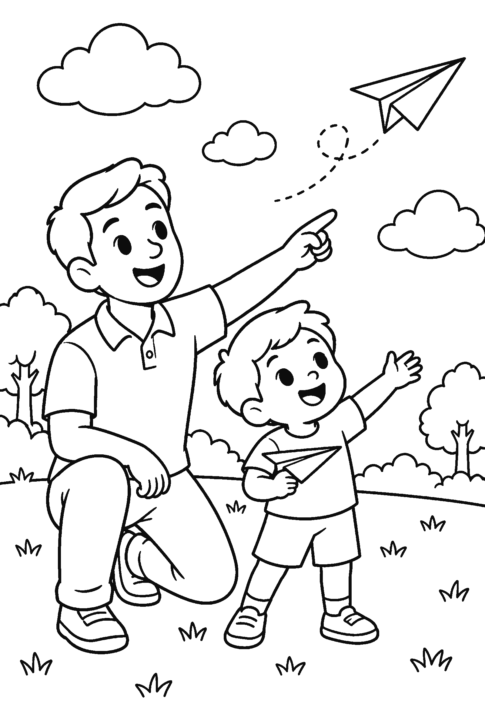 Coloring page of a father and child flying a paper airplane
