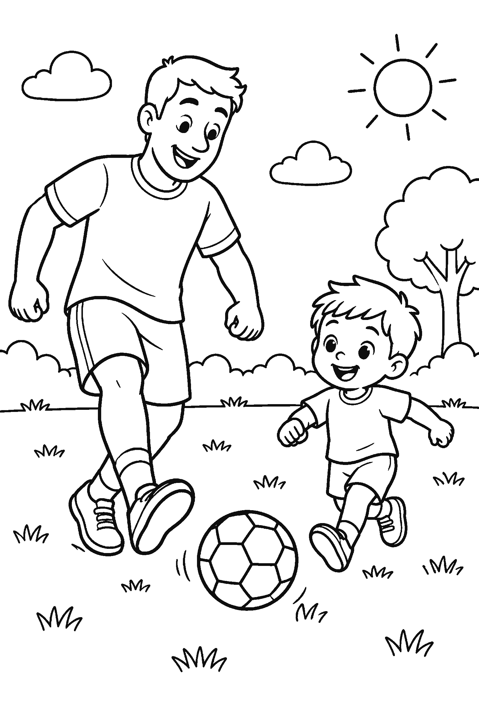 Coloring page of a father and child playing soccer