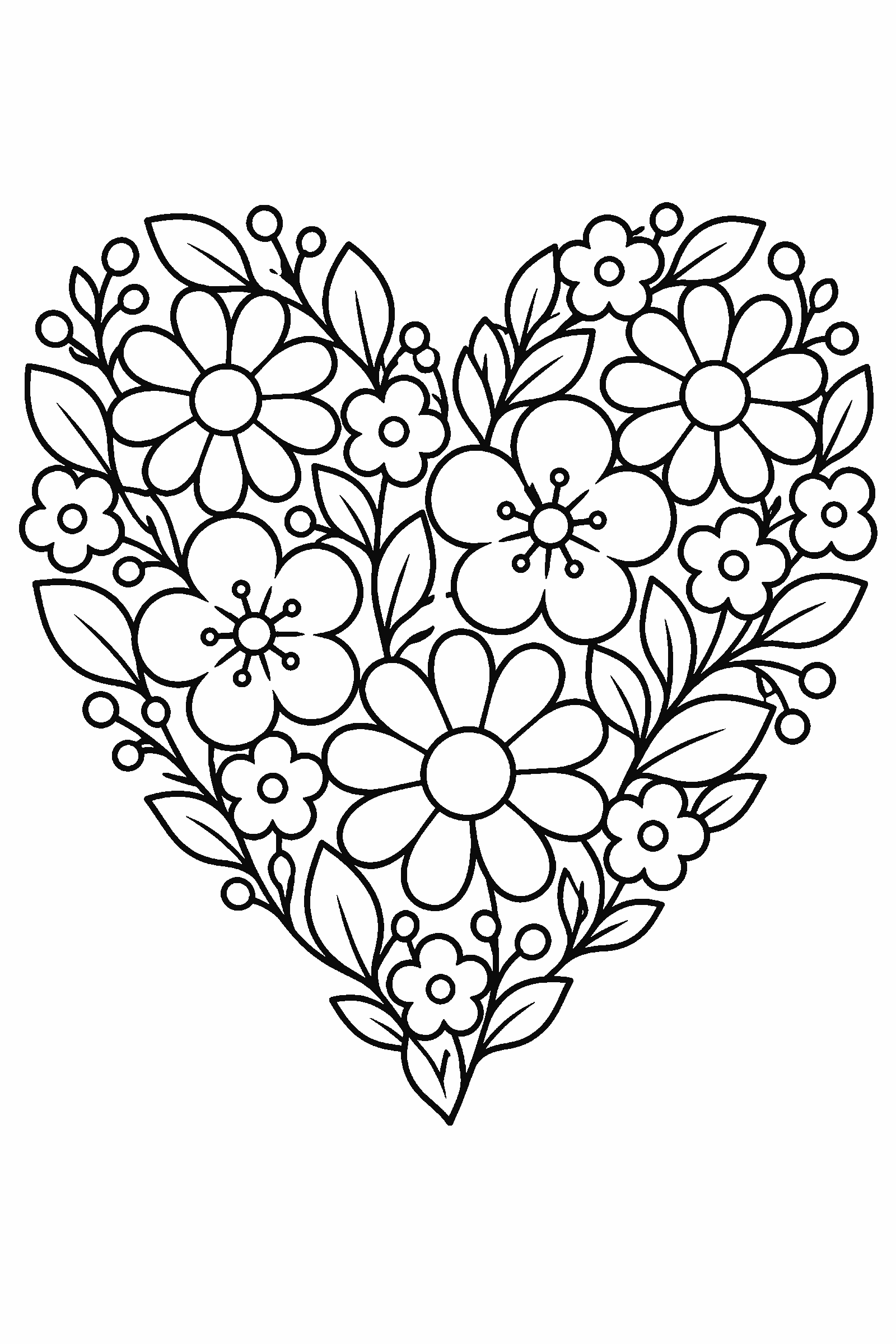 Coloring page of a heart shape made of small flowers and leaves