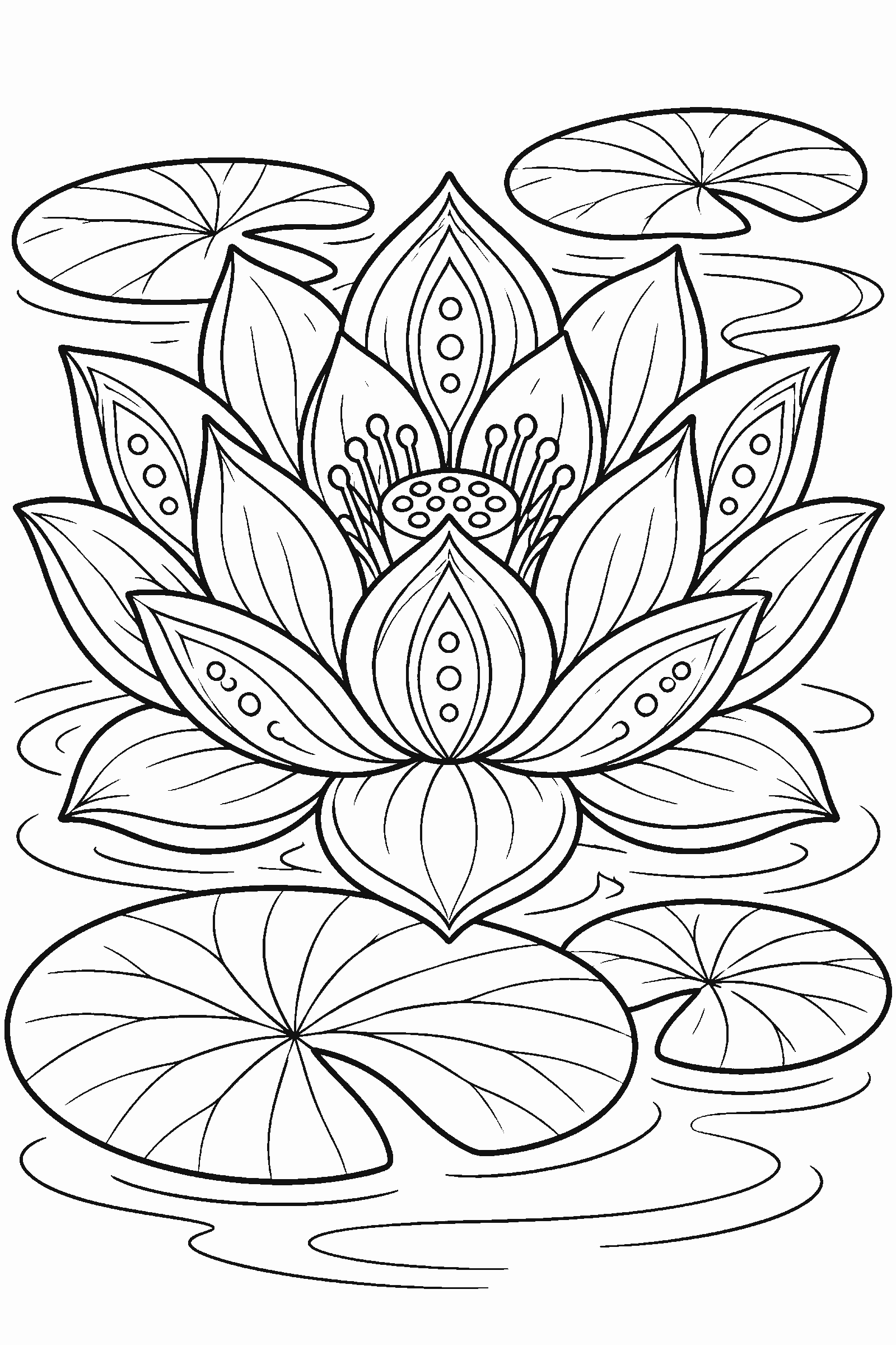 Coloring page of a detailed lotus flower on water with lily pads