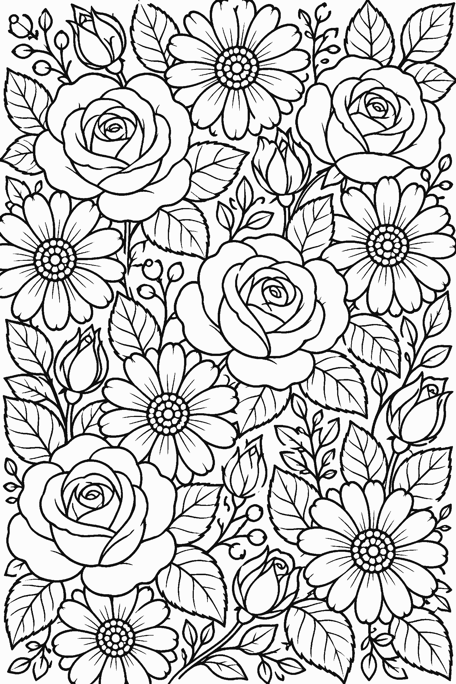 Coloring page of a full-page pattern of roses, daisies and leaves