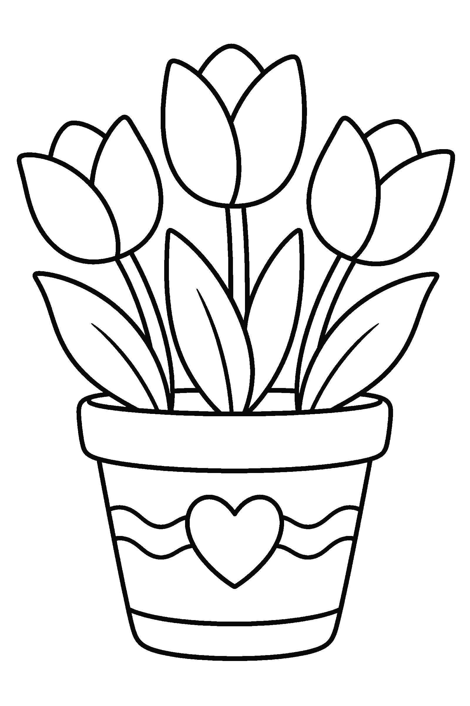 Coloring page of a flower pot with three tulips