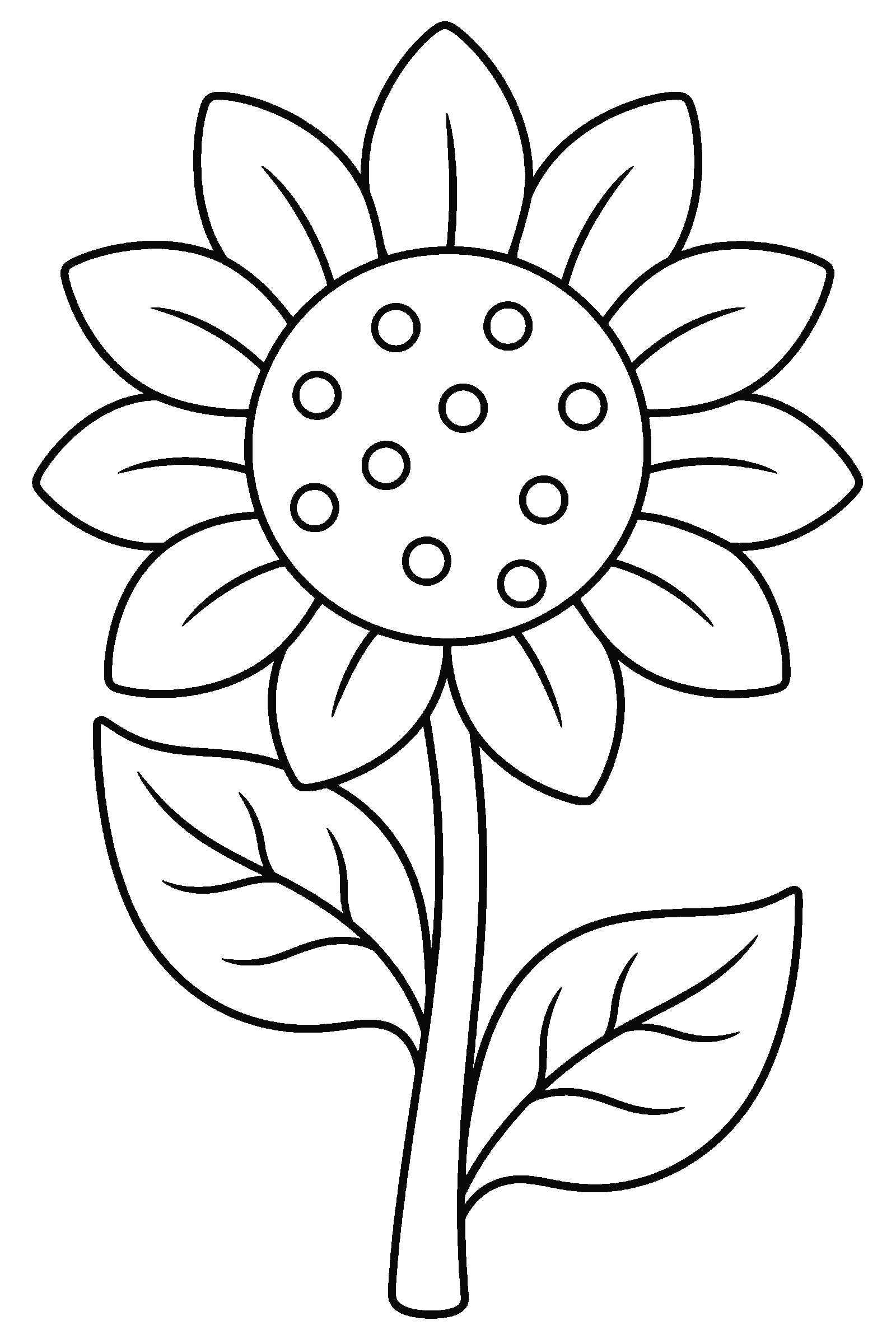 Coloring page of a big sunflower with leaves
