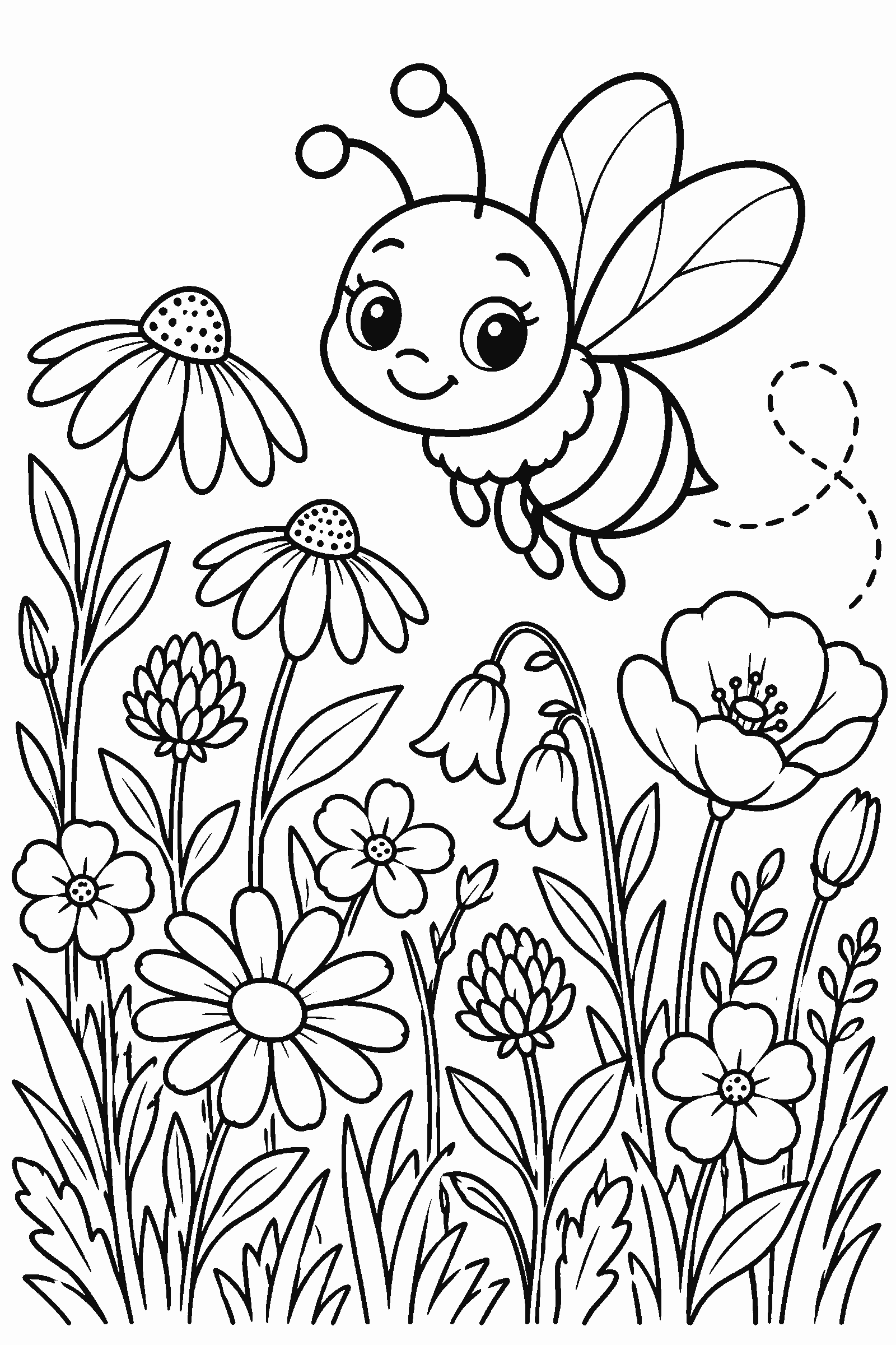 Coloring page of a meadow of wildflowers with a bee