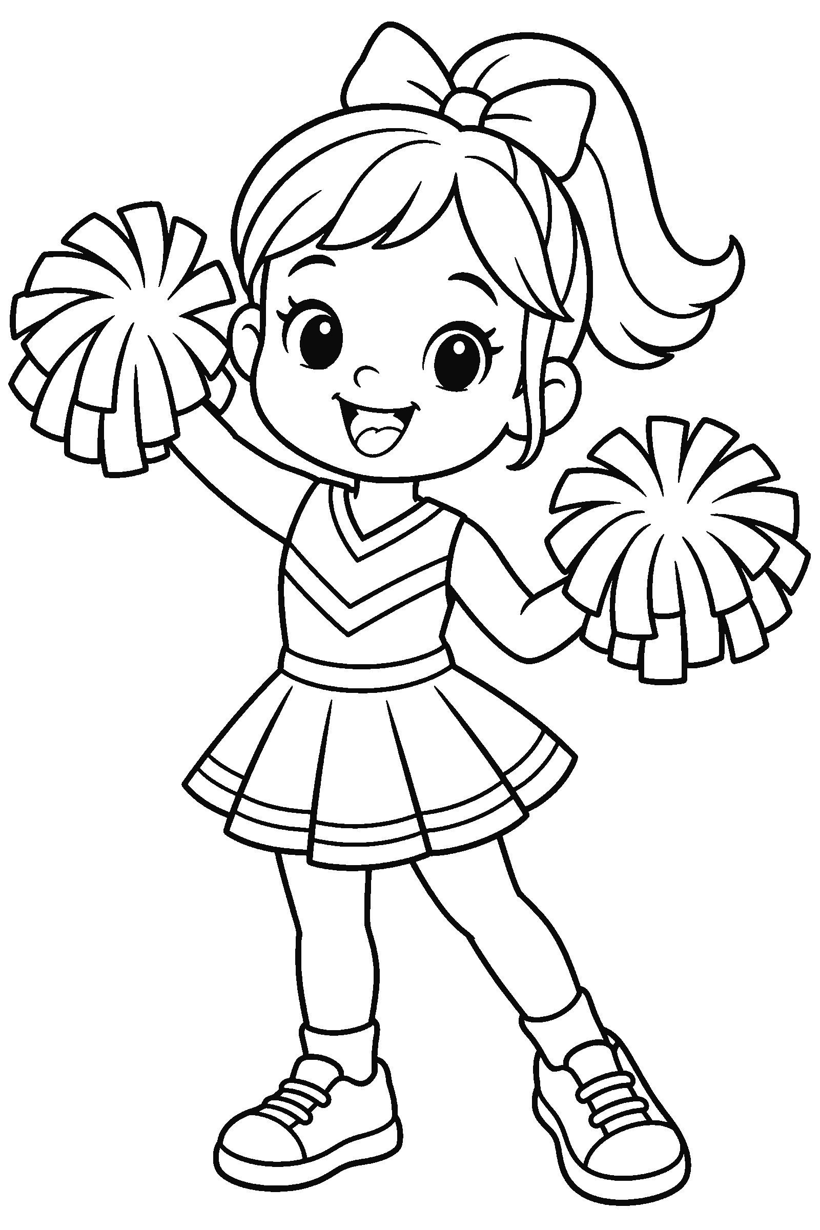 Coloring page of a cheerleader with pom-poms