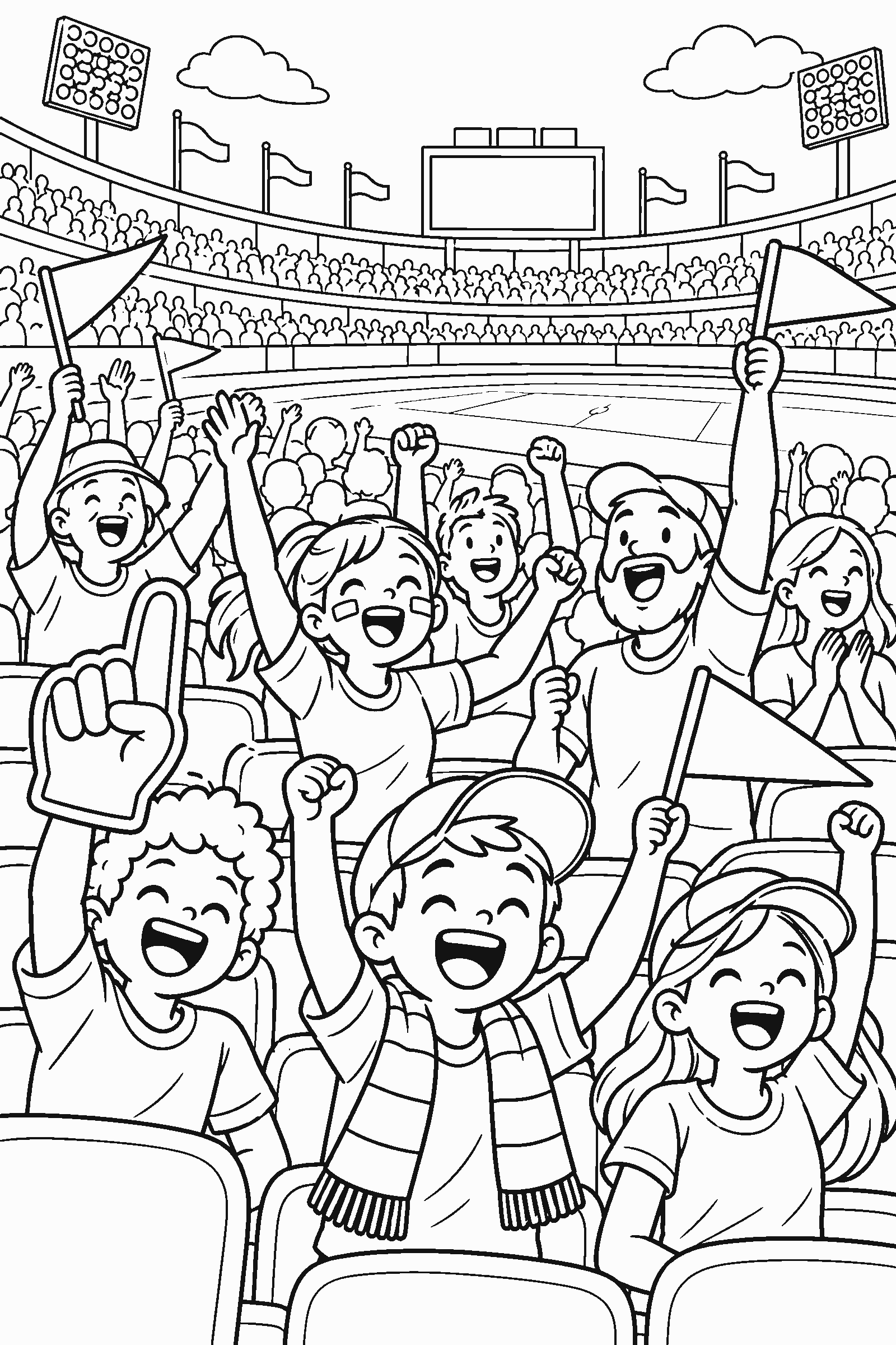 Coloring page of fans cheering in a stadium