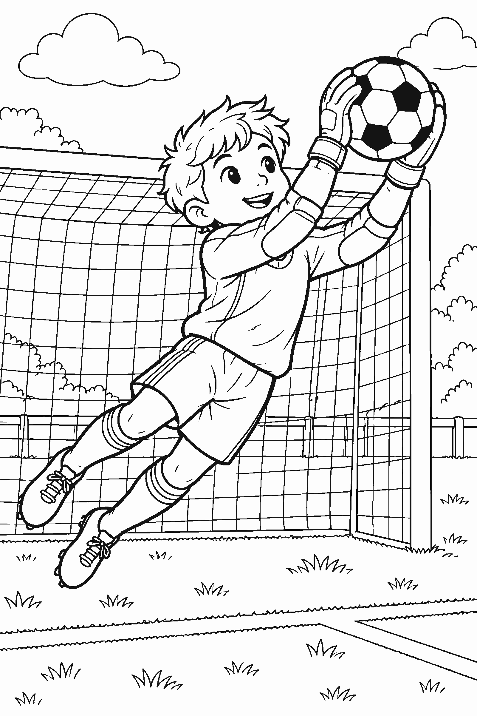 Coloring page of a soccer goalkeeper catching a ball