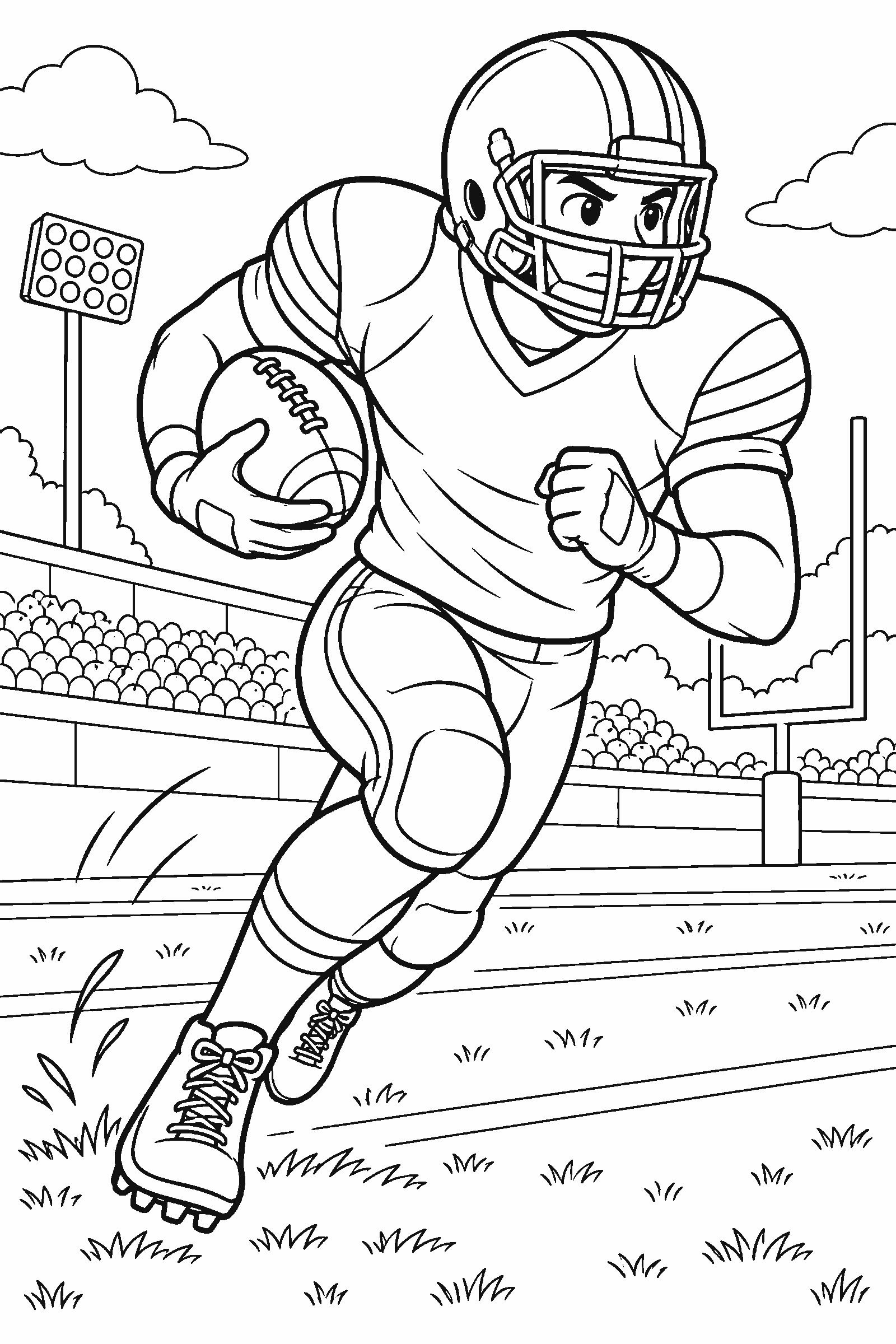 Coloring page of a football player running with the ball