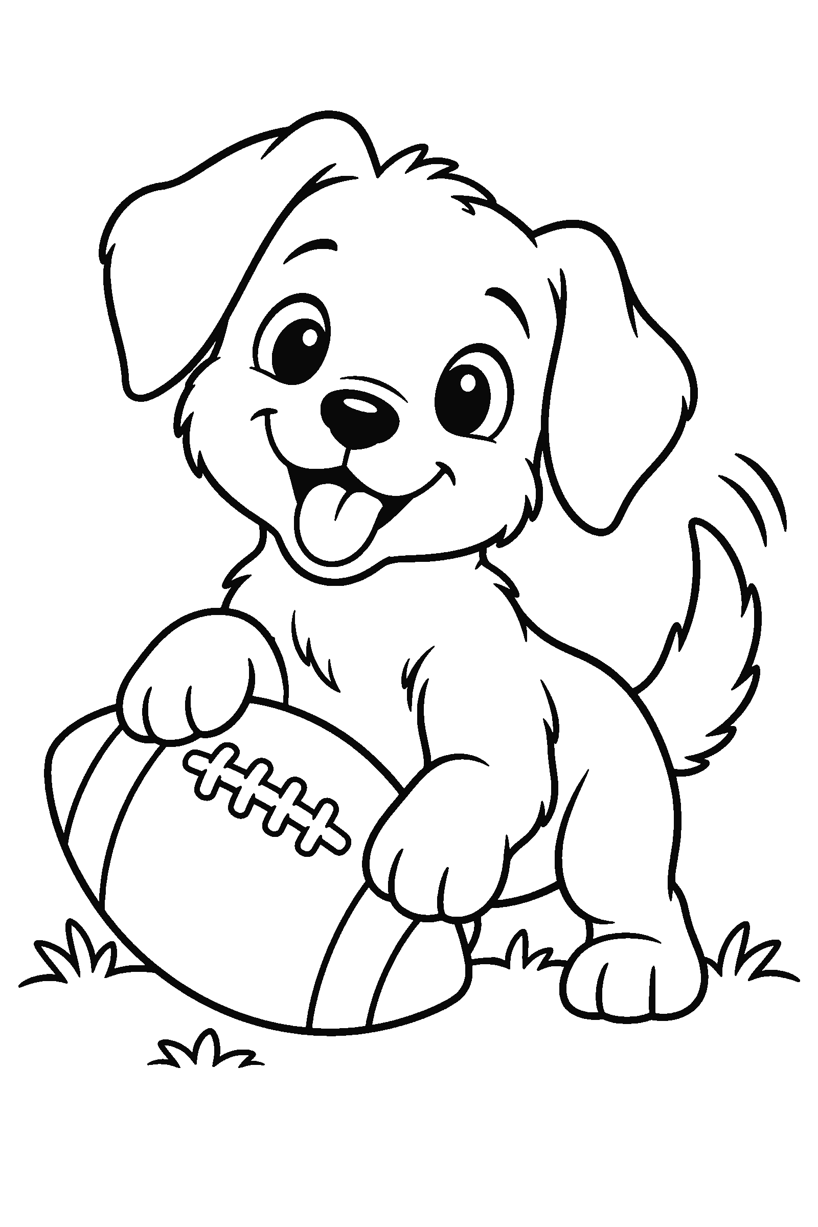 Coloring page of a puppy with a football