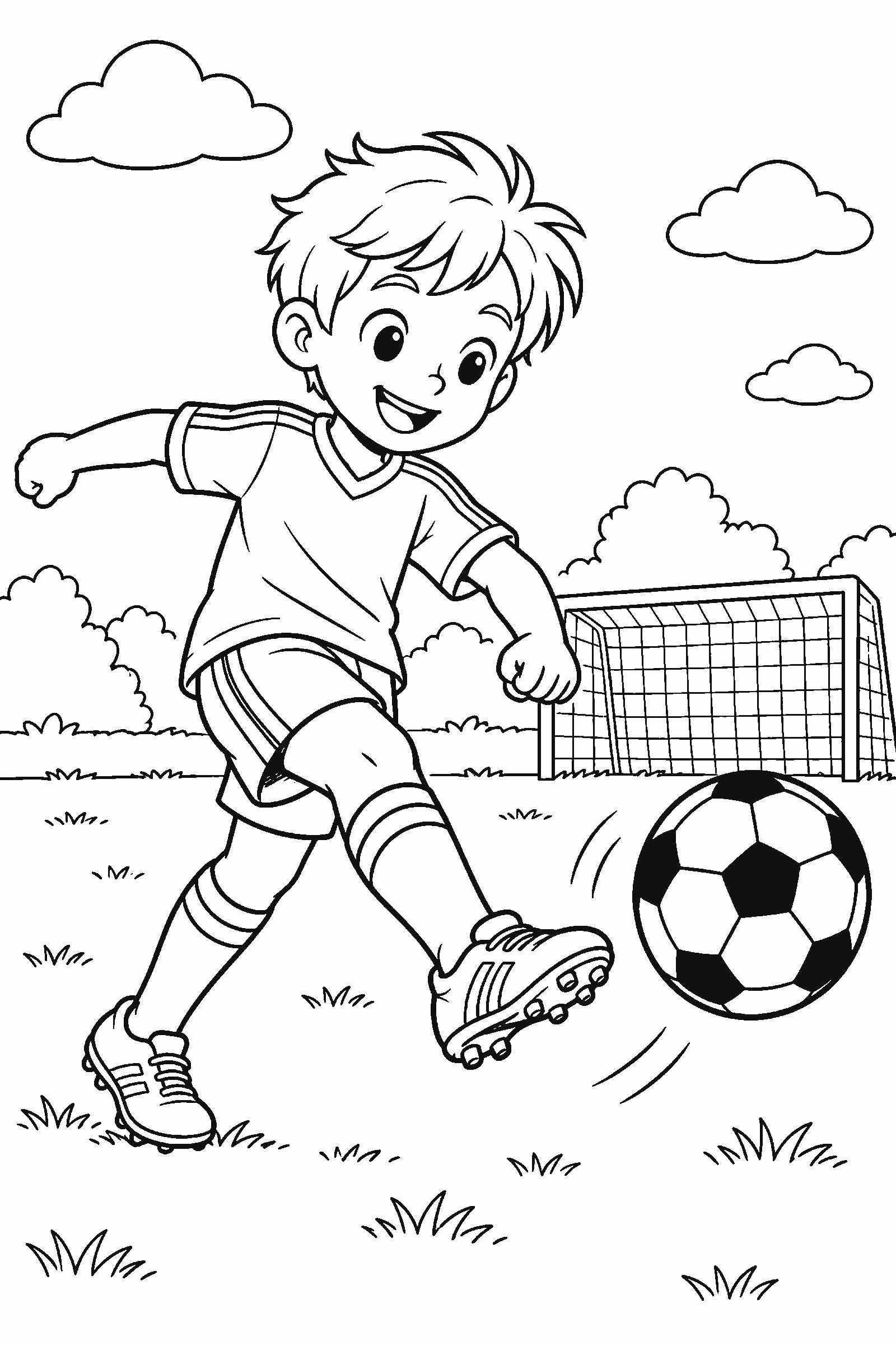 Coloring page of a kid kicking a soccer ball