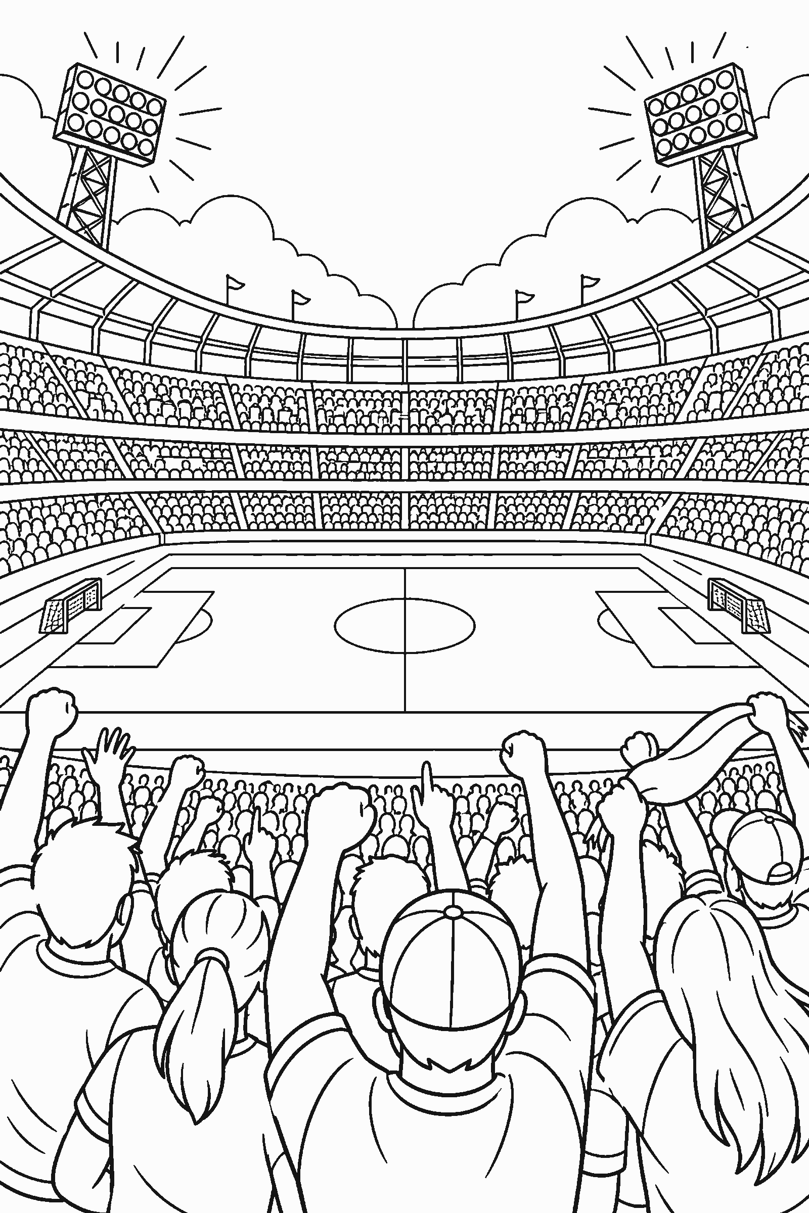 Coloring page of a stadium with lights and a crowd