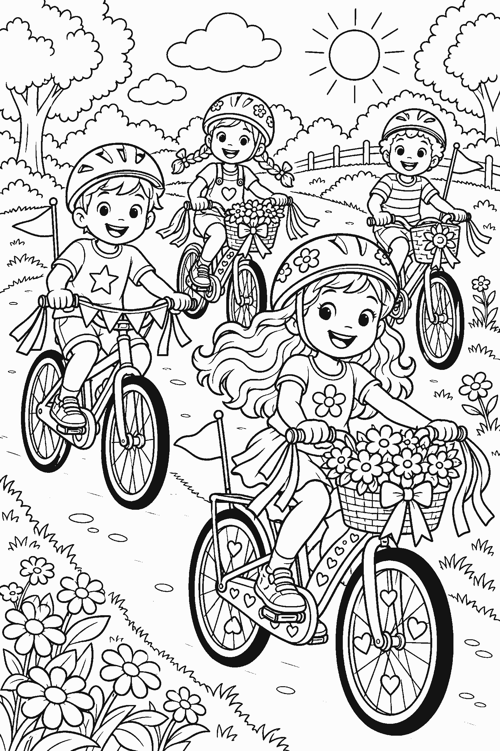 Coloring page of kids riding decorated bikes
