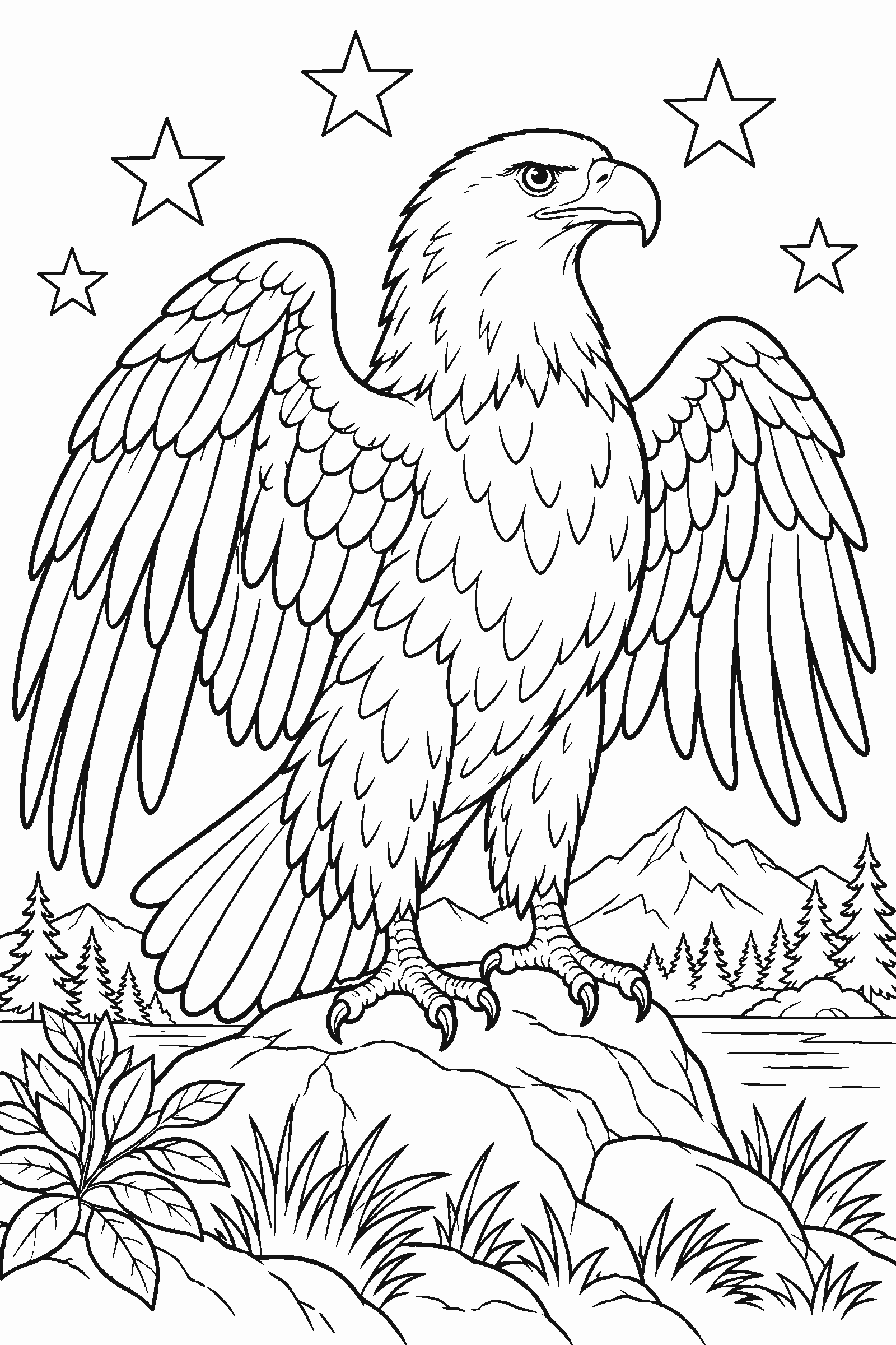Coloring page of a bald eagle with stars