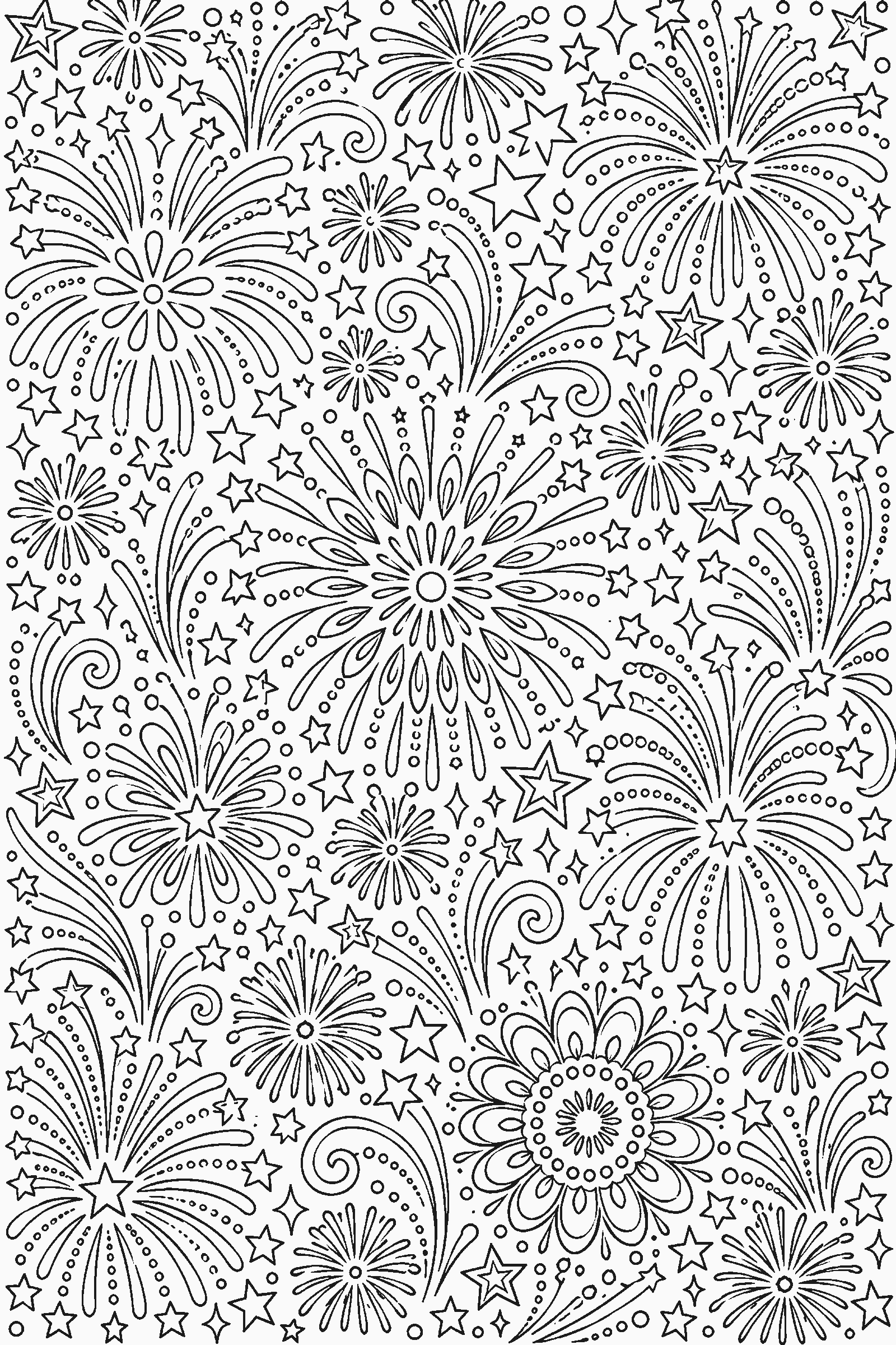 Coloring page of a full-page pattern of fireworks and stars
