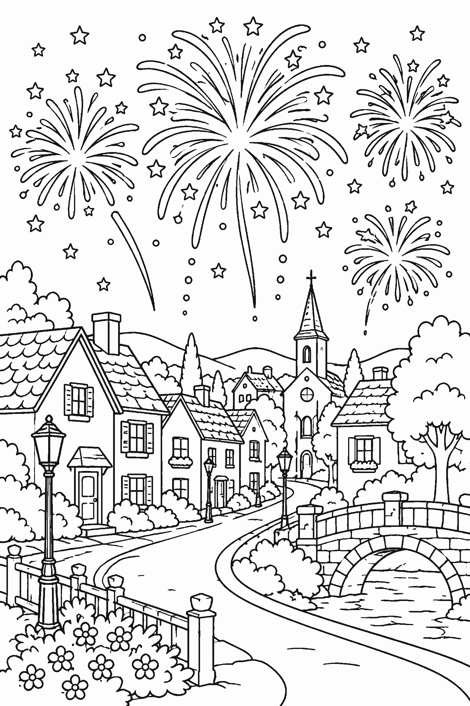 Coloring page of fireworks over a small town