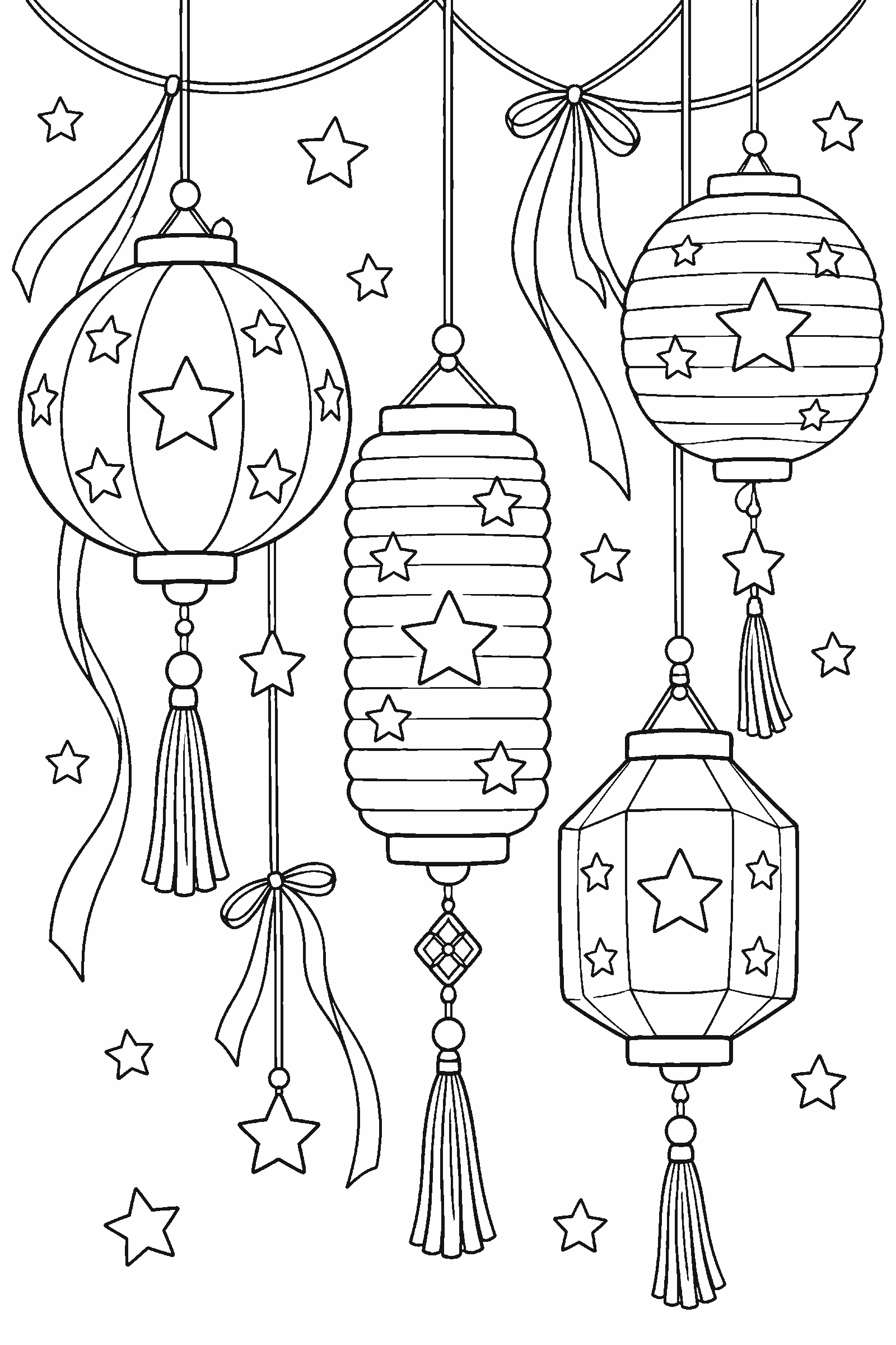 Coloring page of paper lanterns with stars