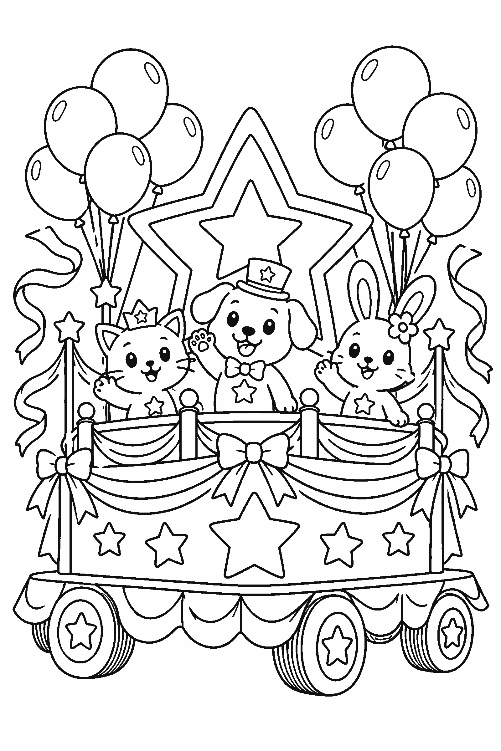 Coloring page of a parade float with stars and balloons