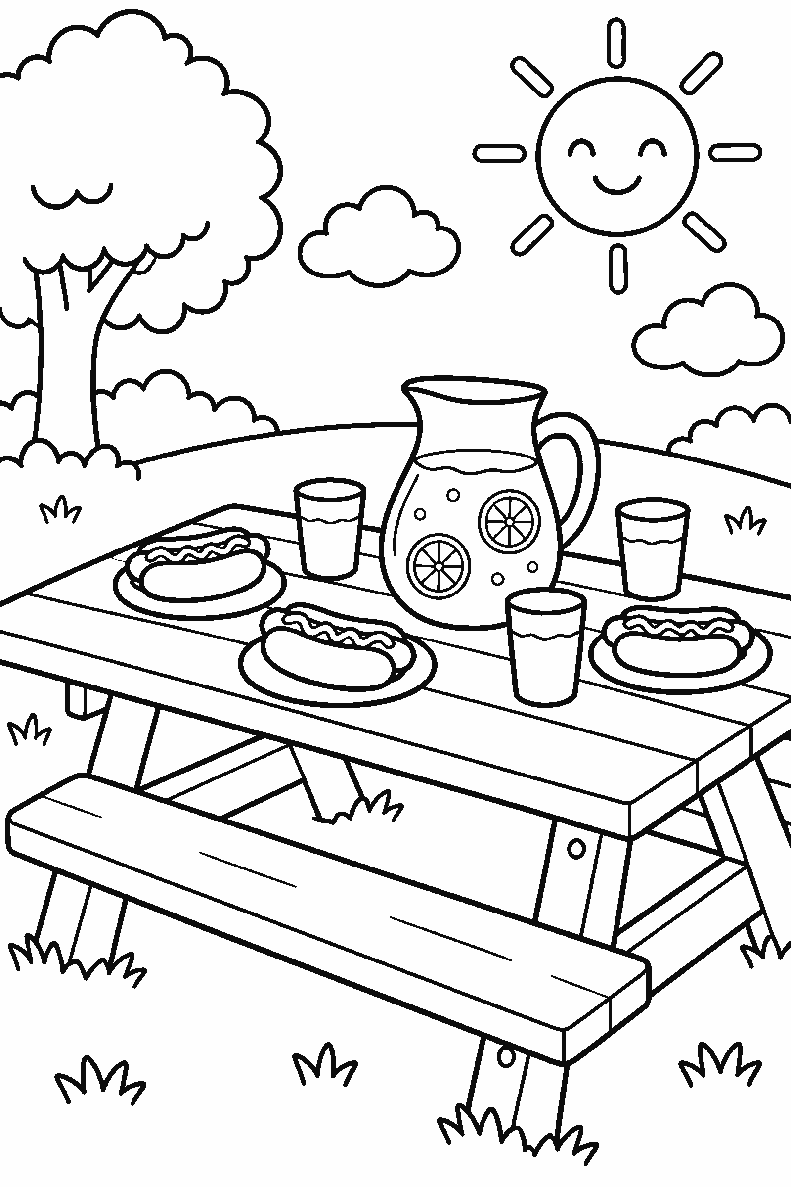 Coloring page of a picnic table with lemonade and hot dogs