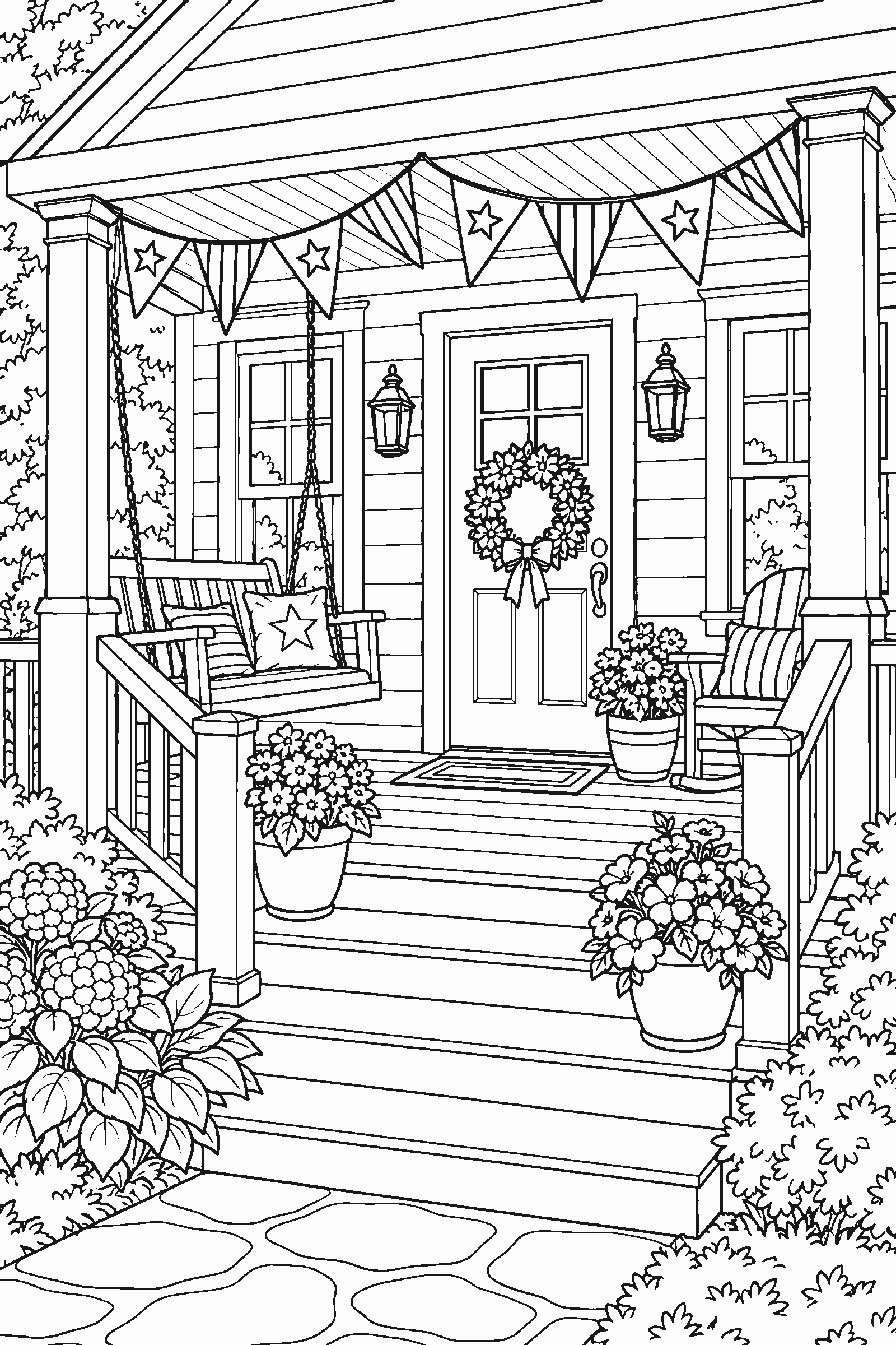 Coloring page of a porch decorated with flag bunting