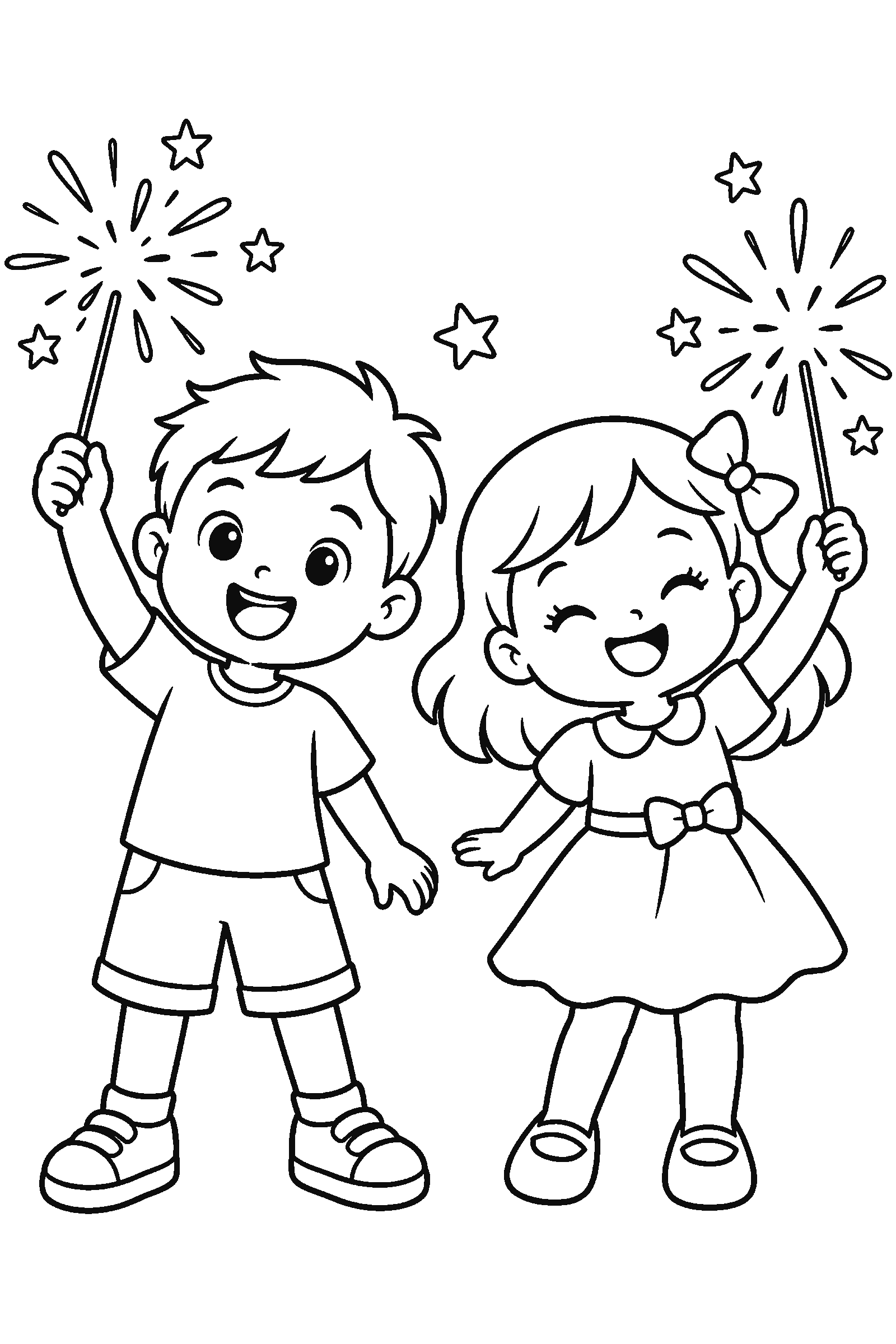Coloring page of two kids holding sparklers