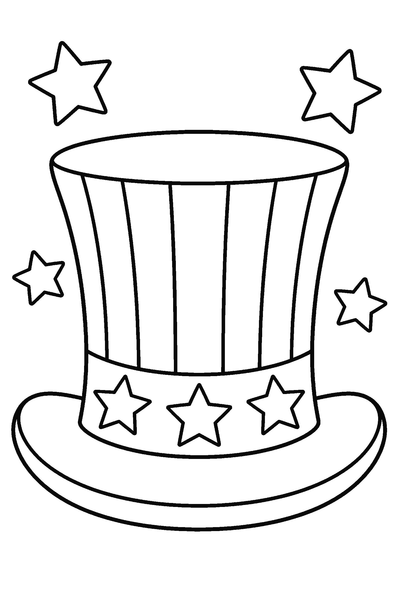 Coloring page of a top hat with stars and stripes