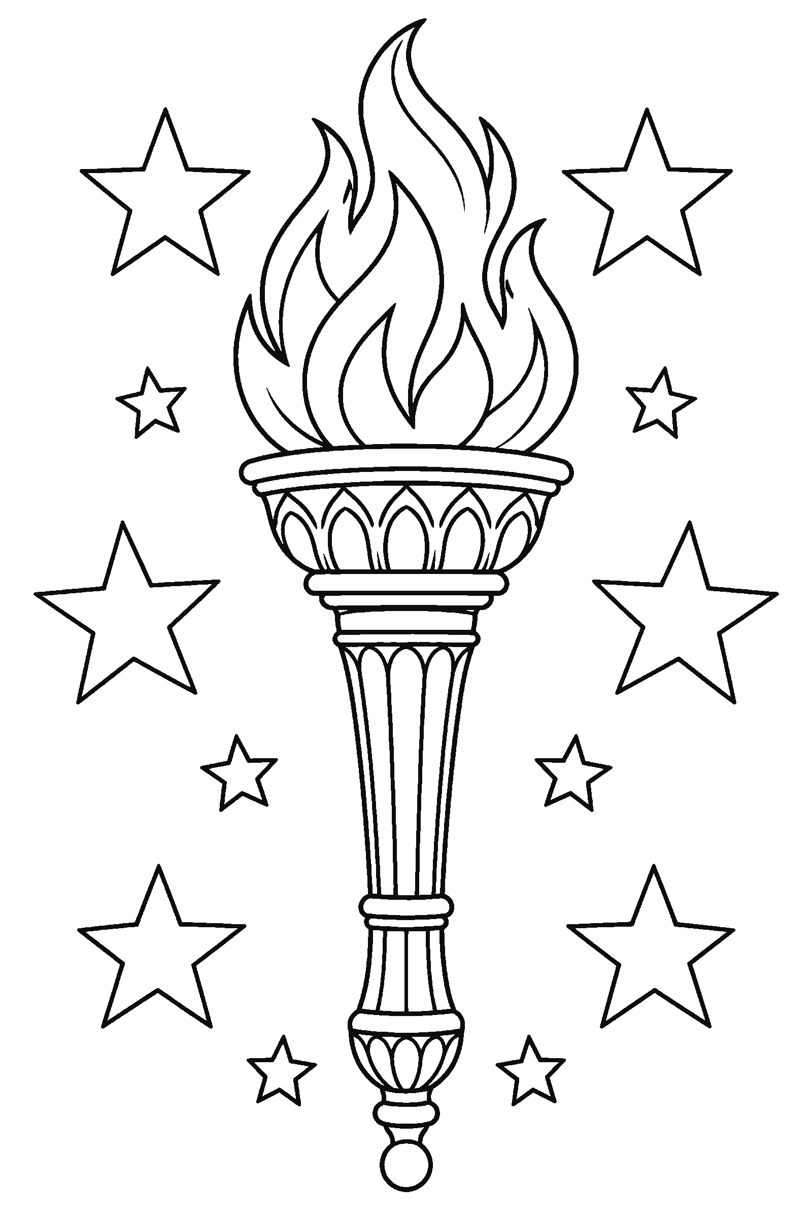 Coloring page of a torch with a flame and stars