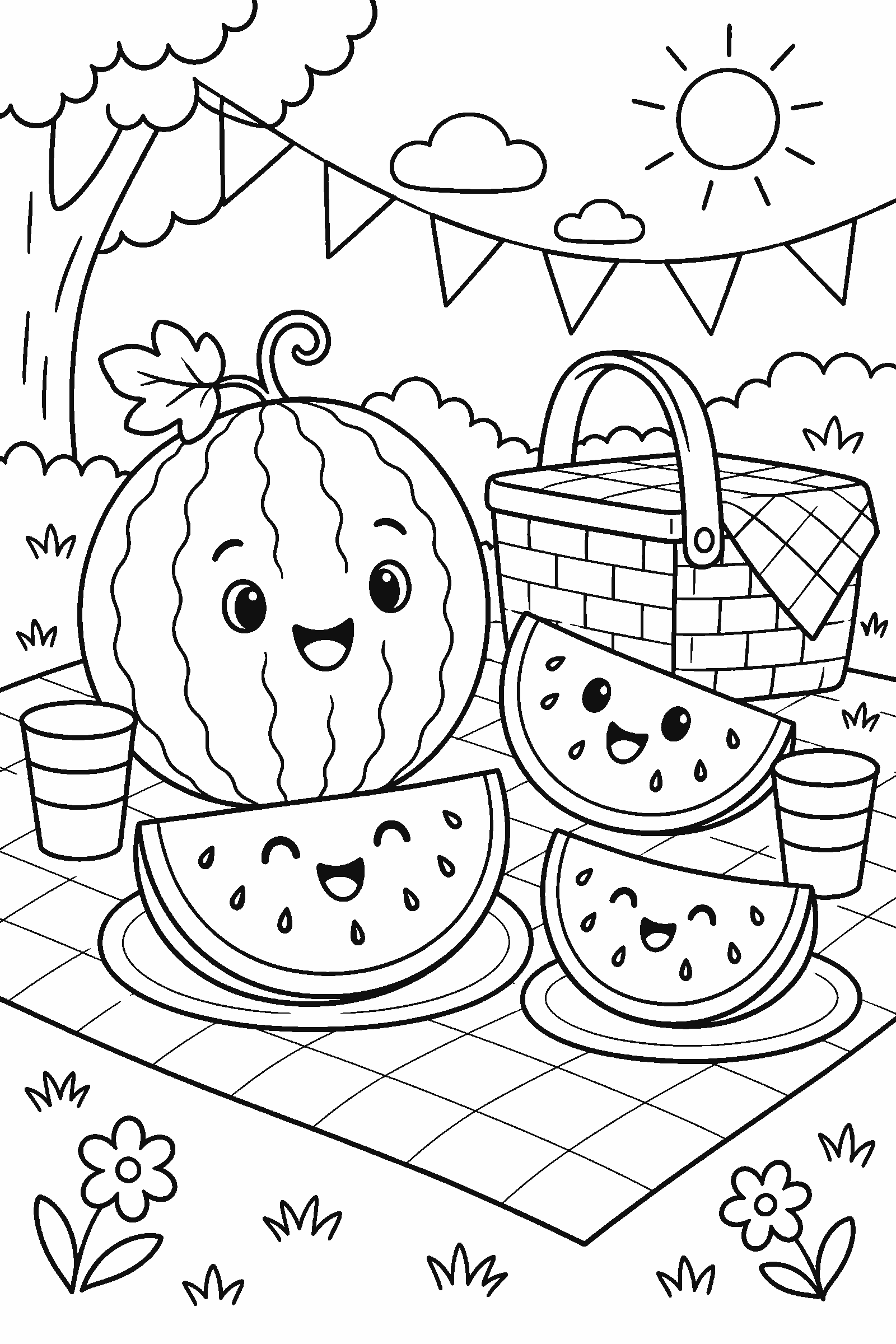 Coloring page of a watermelon picnic with small flags