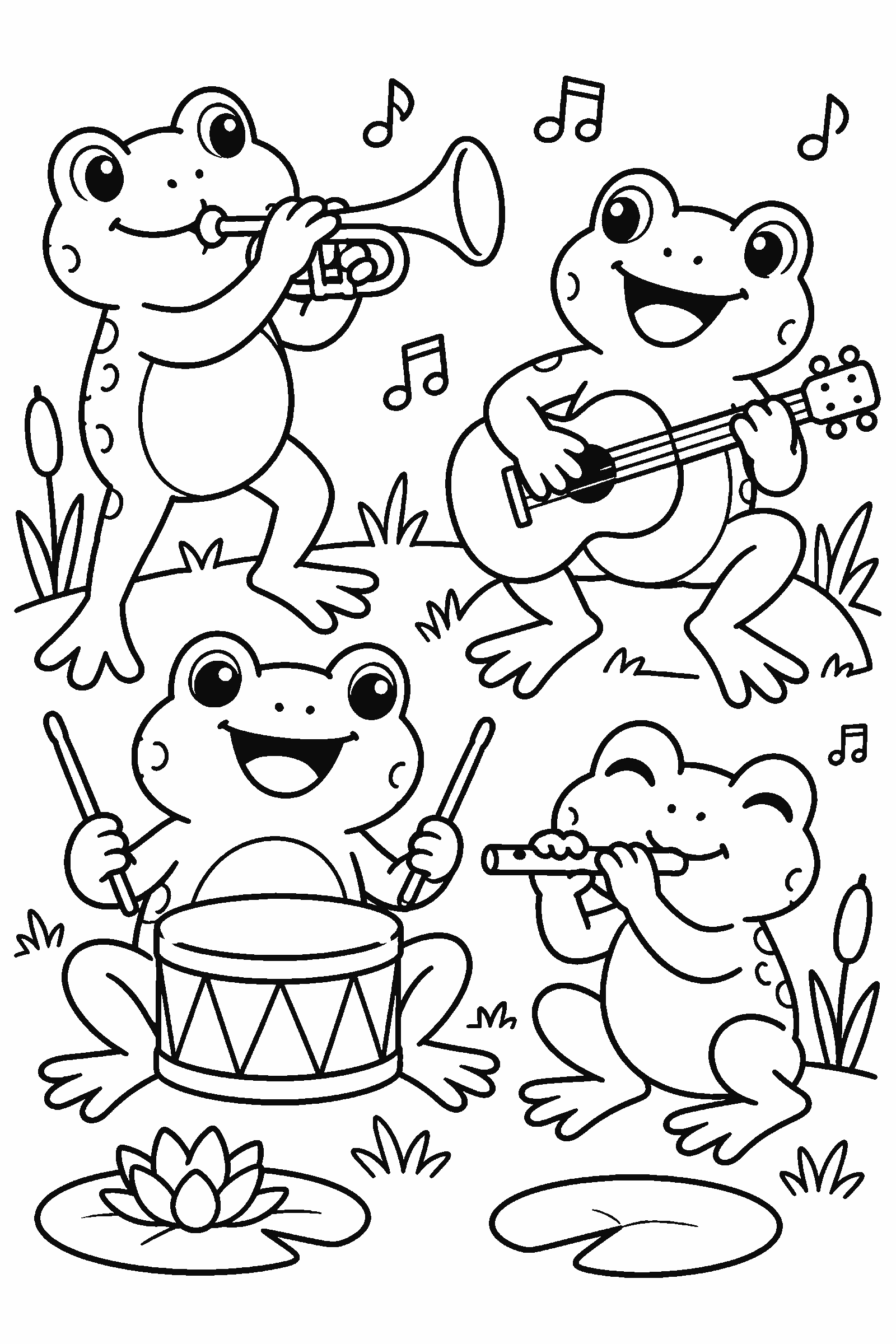 Coloring page of frogs playing instruments