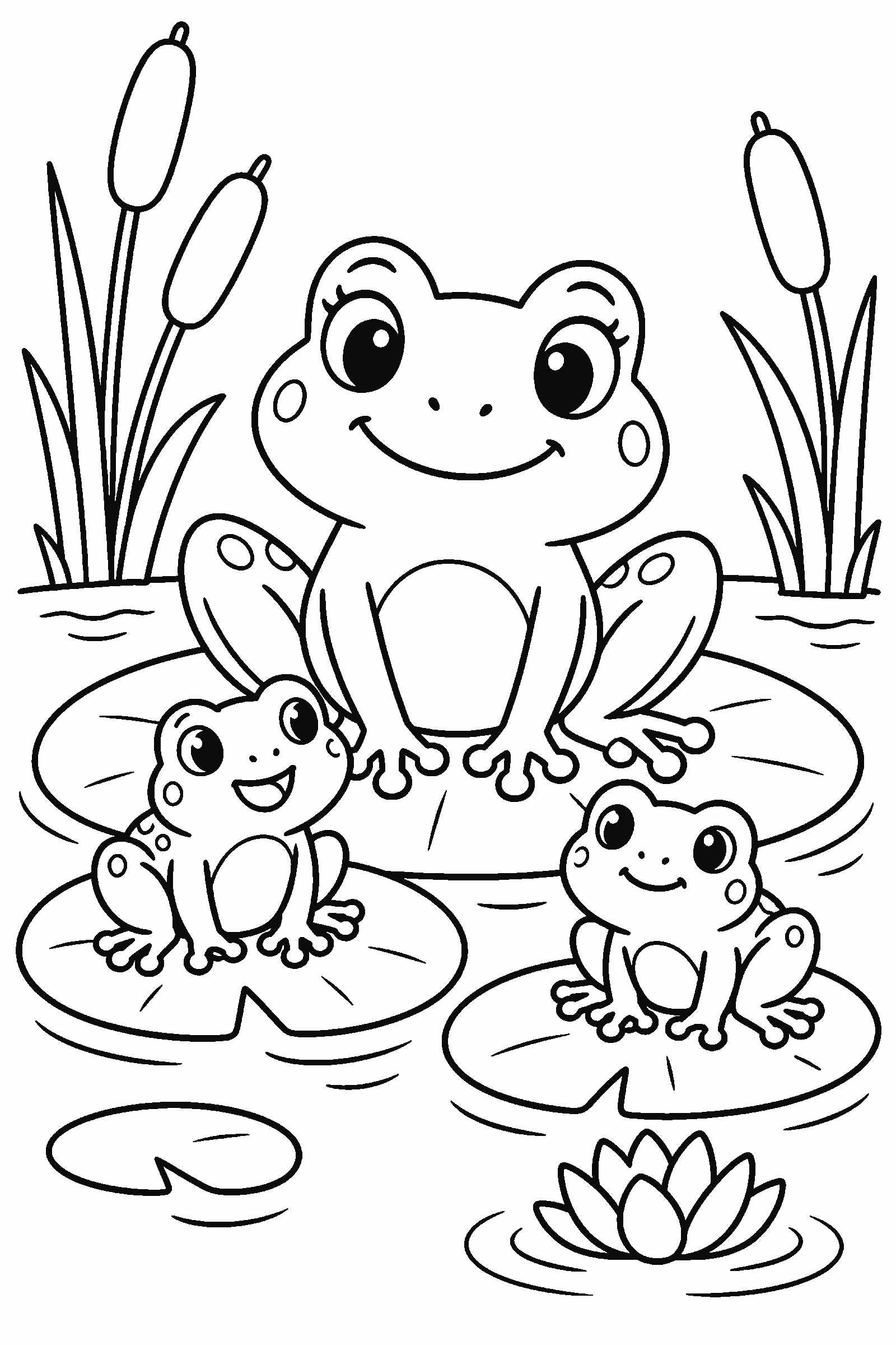 Coloring page of a frog family in a pond with reeds
