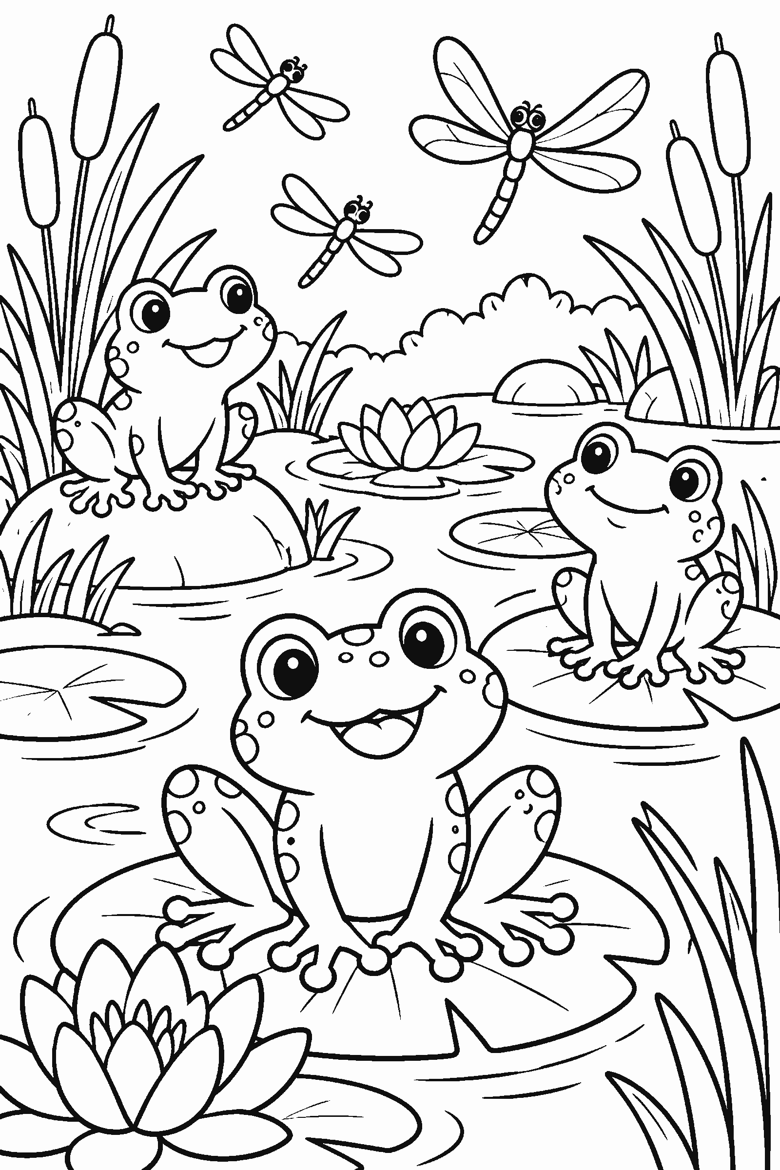 Coloring page of several frogs in a pond with cattails and dragonflies