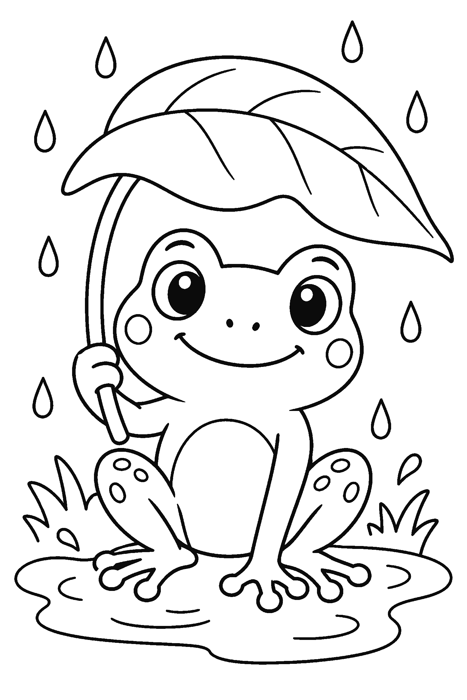 Coloring page of a frog holding a leaf as an umbrella