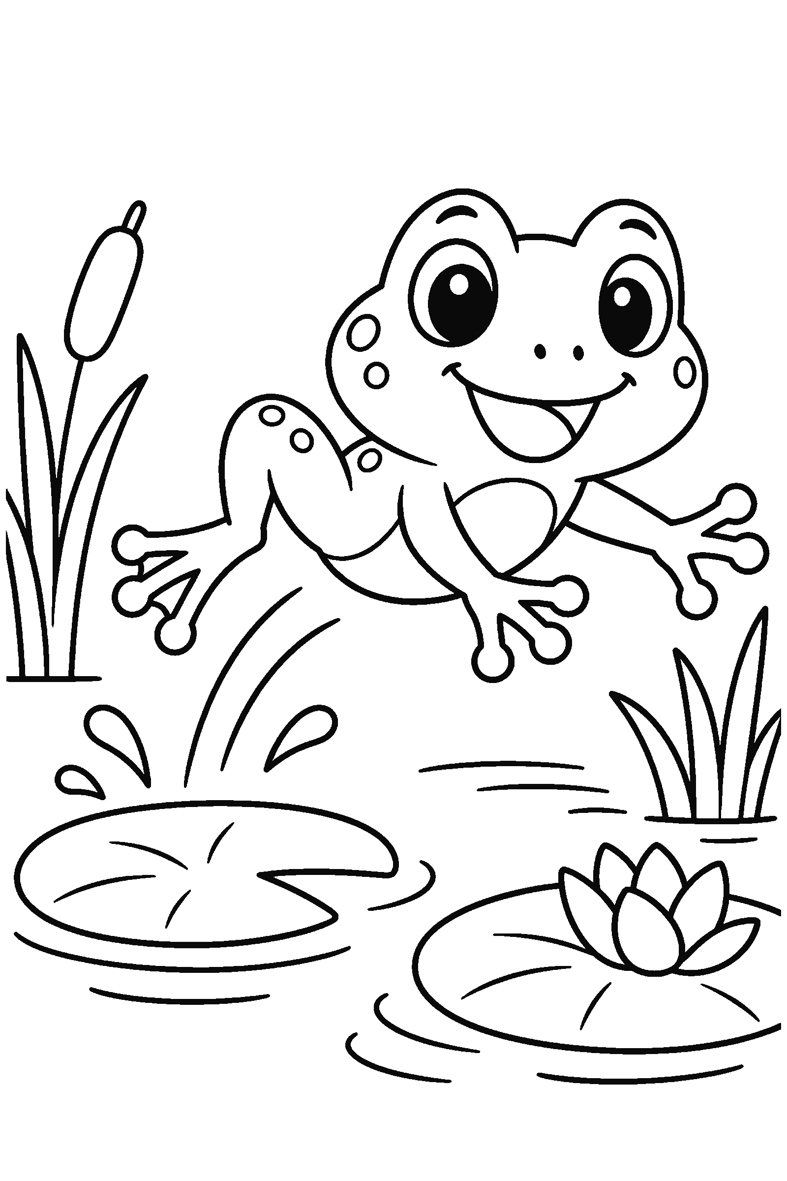 Coloring page of a frog jumping between lily pads