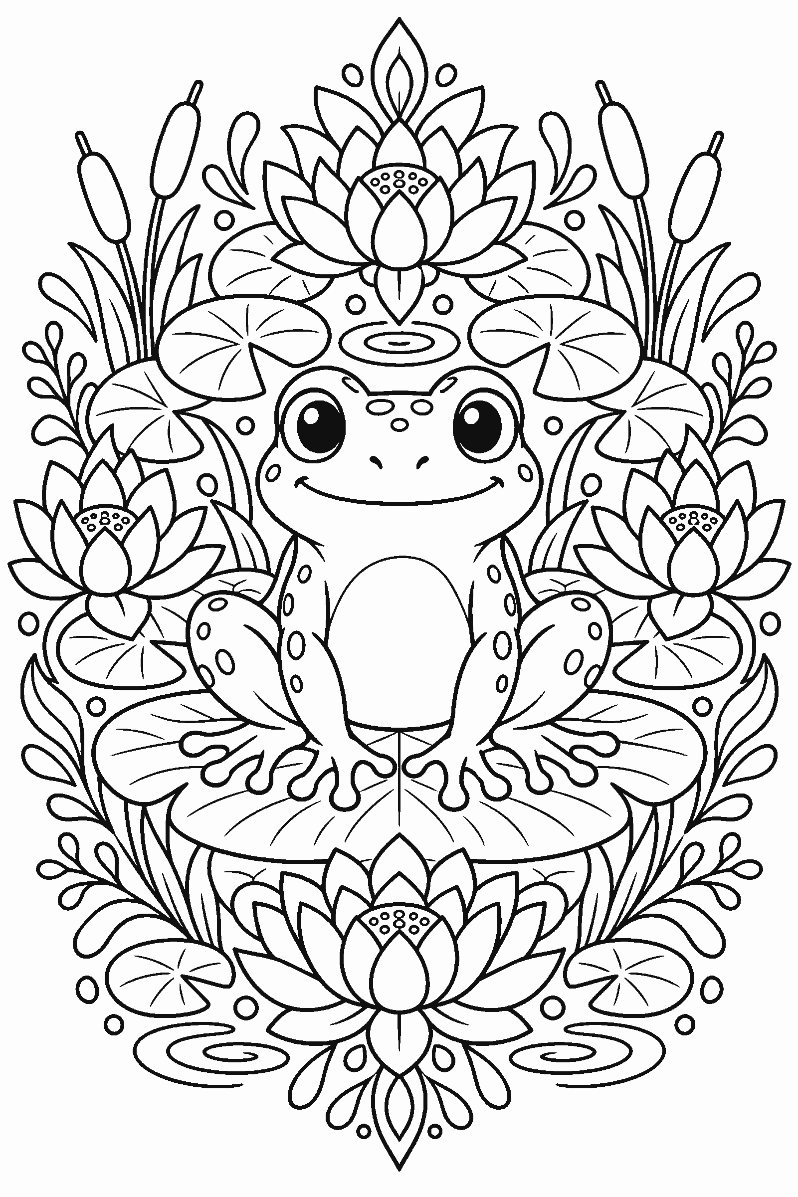 Coloring page of a detailed frog surrounded by a lily pad mandala