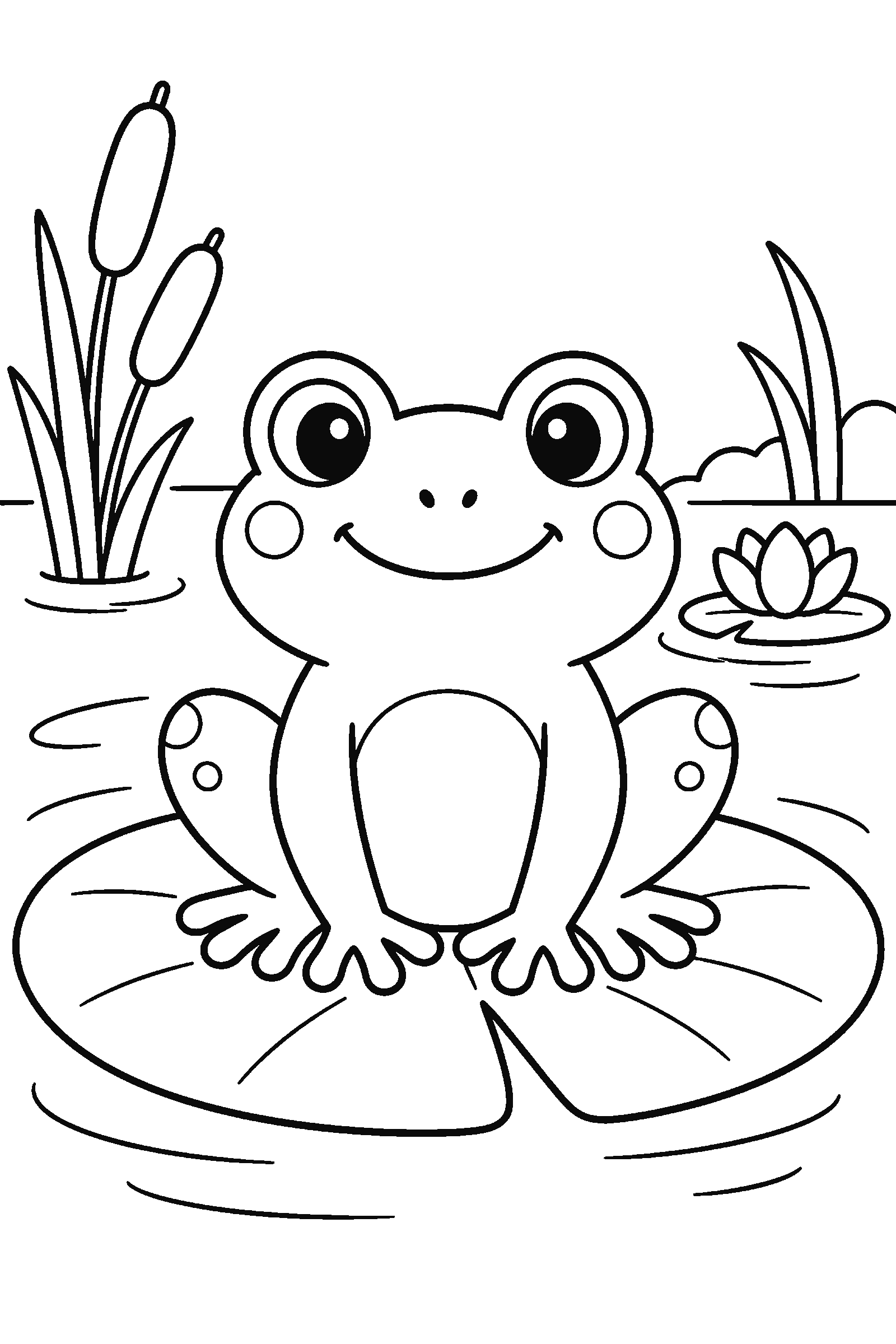 Coloring page of a frog sitting on a lily pad in a pond