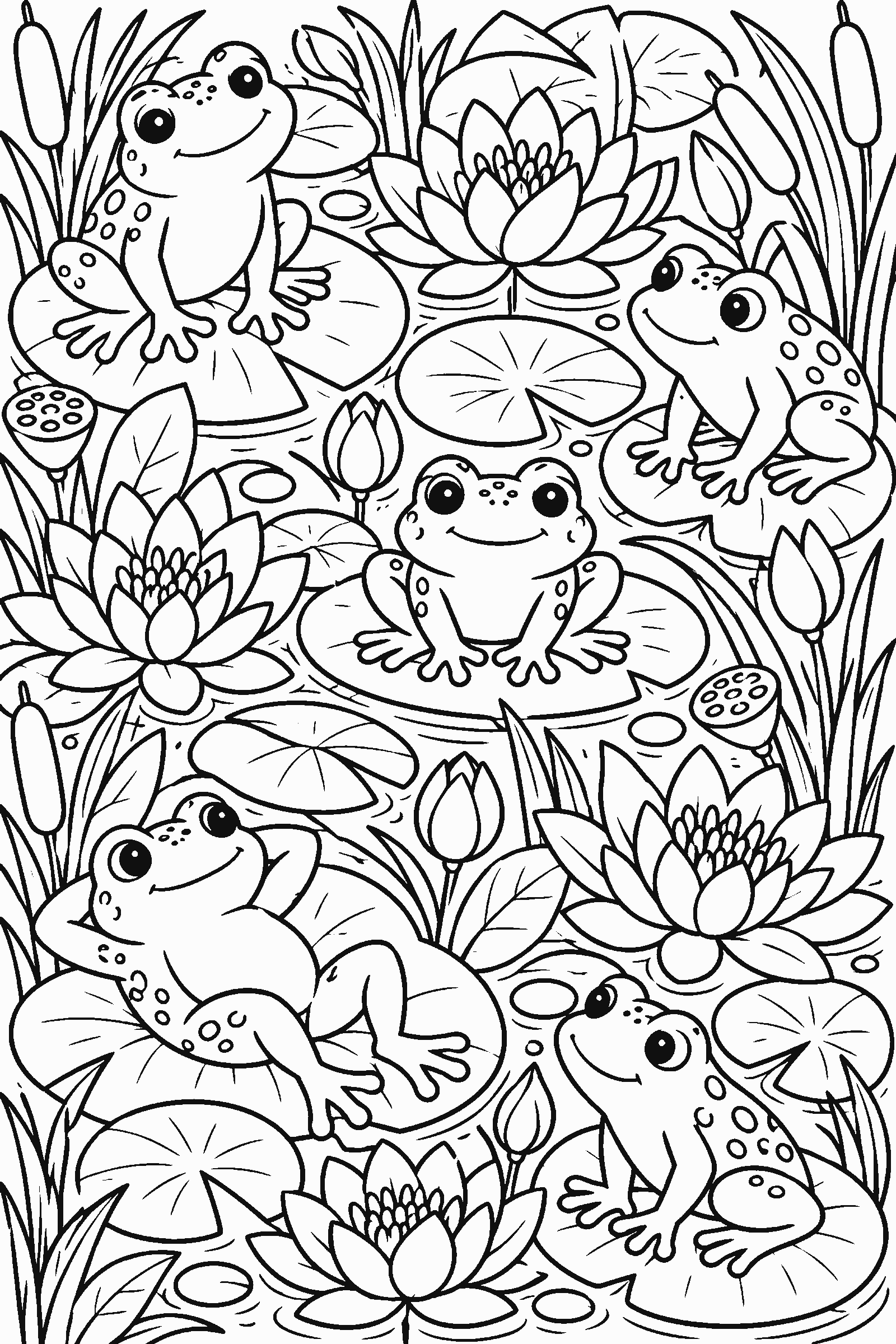 Coloring page of a full-page pattern of frogs, lily pads and flowers