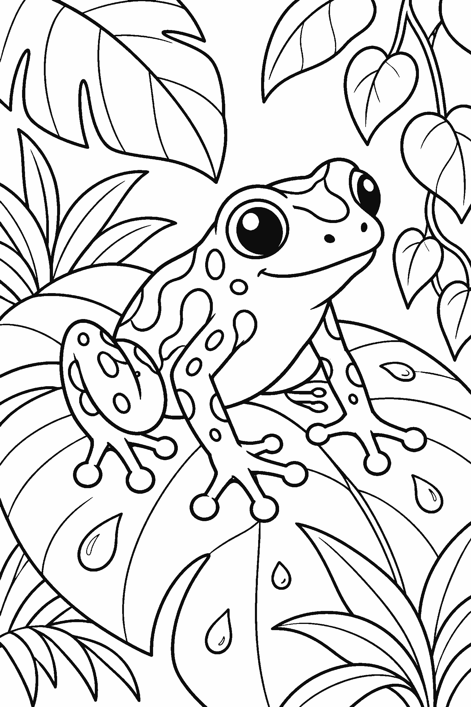 Coloring page of a poison dart frog on a leaf in the rainforest