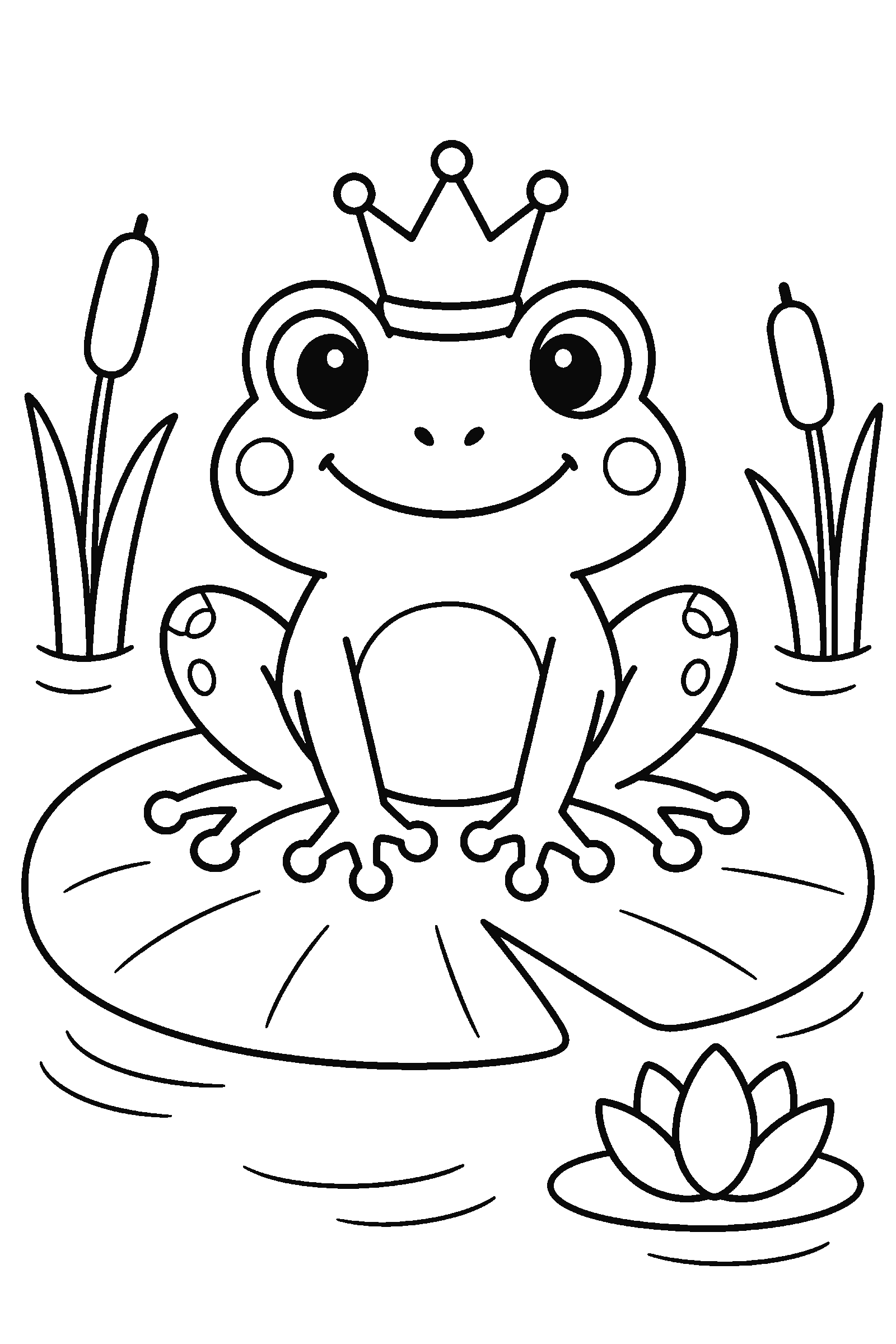 Coloring page of a frog with a crown on a lily pad