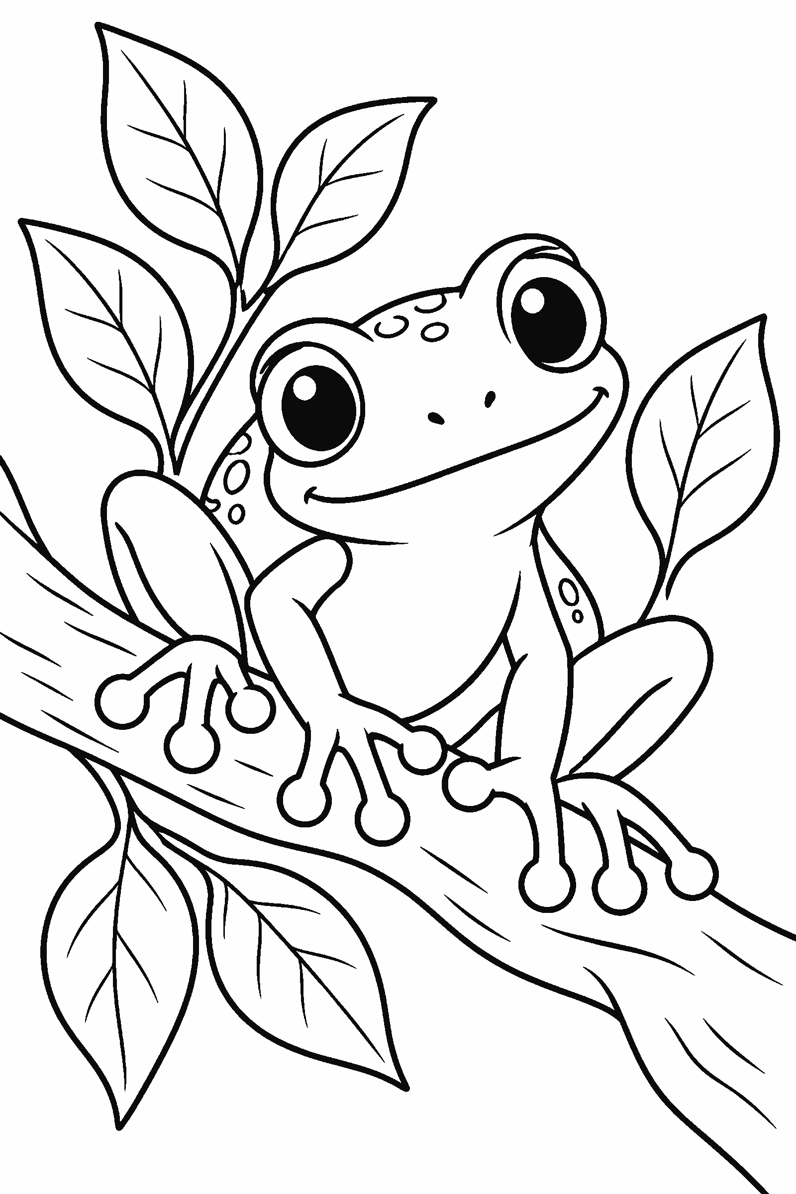 Coloring page of a tree frog on a branch with leaves