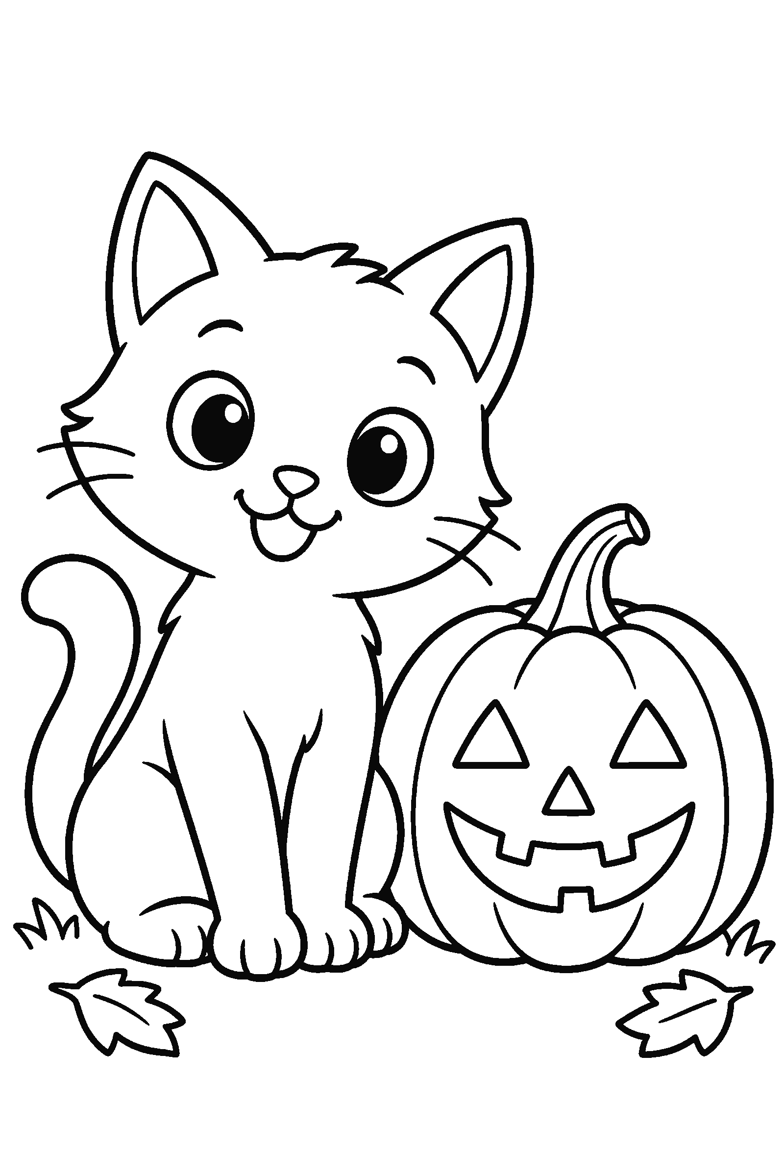 Coloring page of a black cat sitting next to a jack-o'-lantern