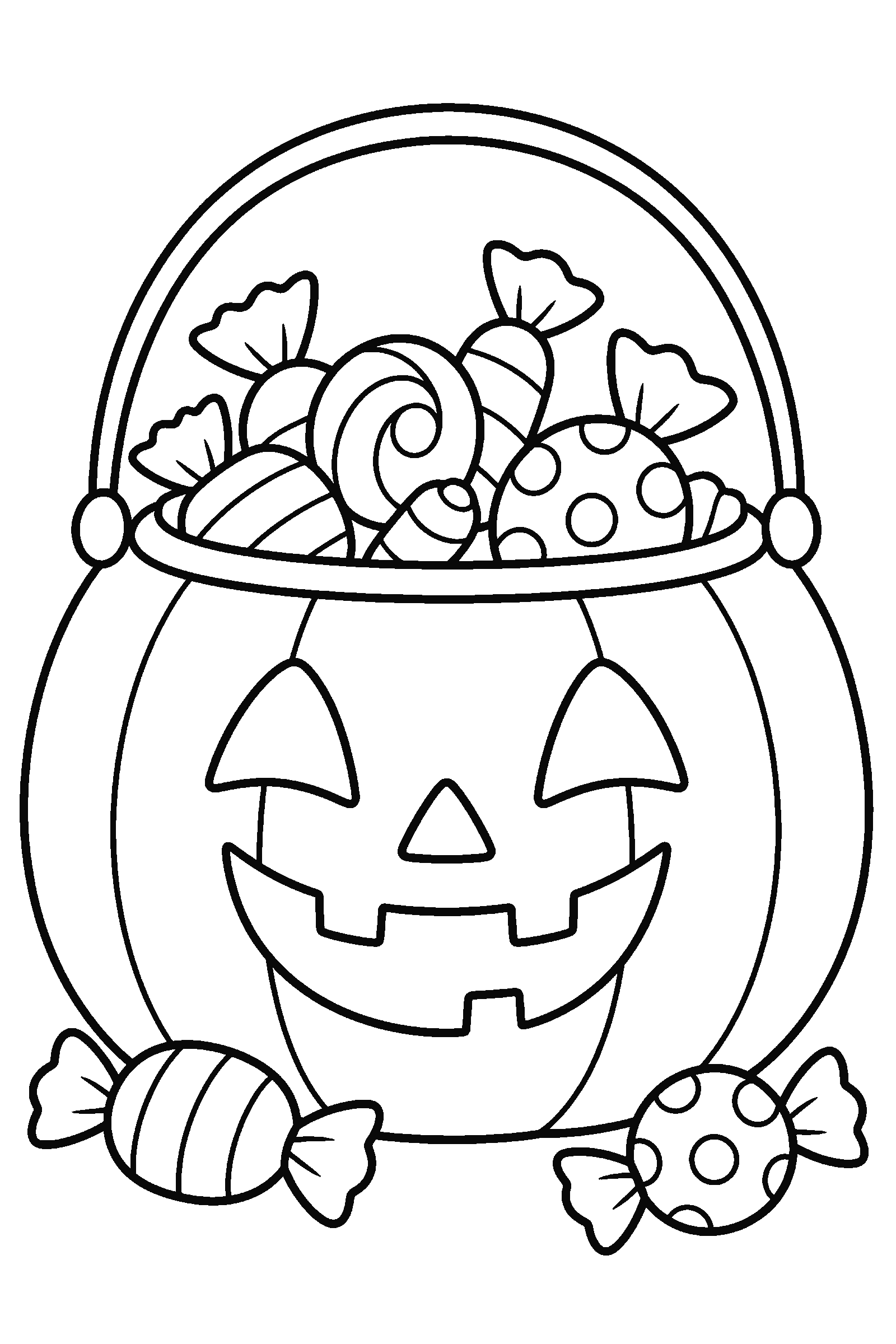 Coloring page of a pumpkin candy bucket full of wrapped candy