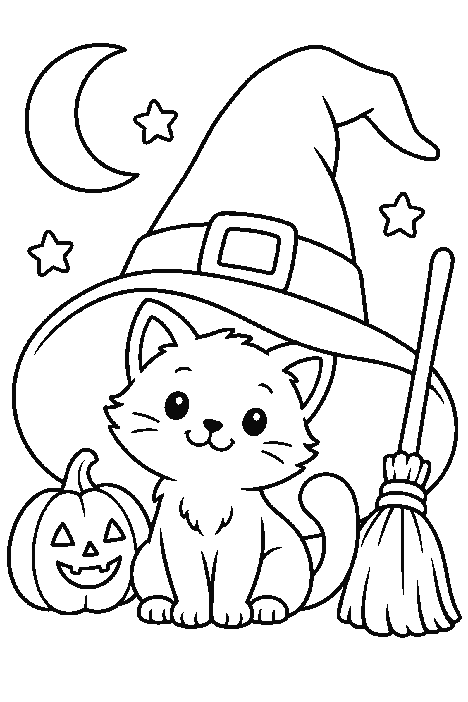 Coloring page of a cute cat sitting inside a witch hat next to a broom