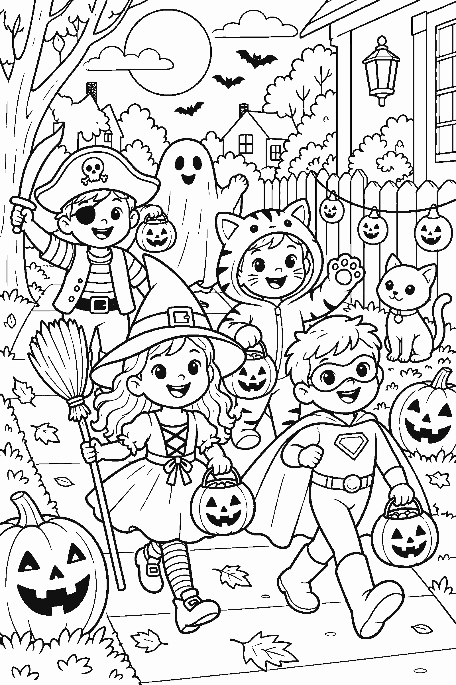 Coloring page of kids in costumes parading past jack-o'-lanterns