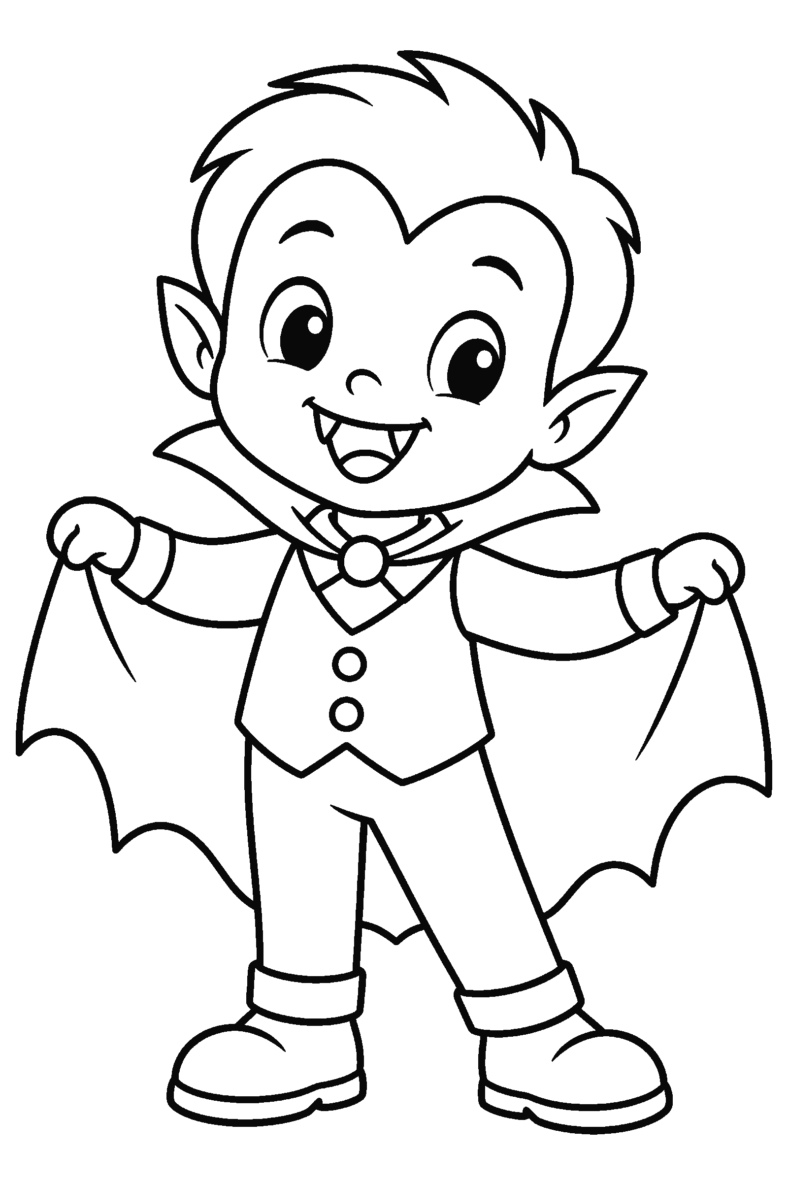 Coloring page of a cute smiling vampire kid with a cape
